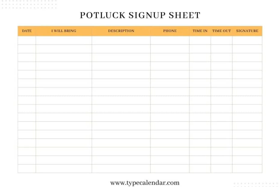 Potluck Signup Sheet