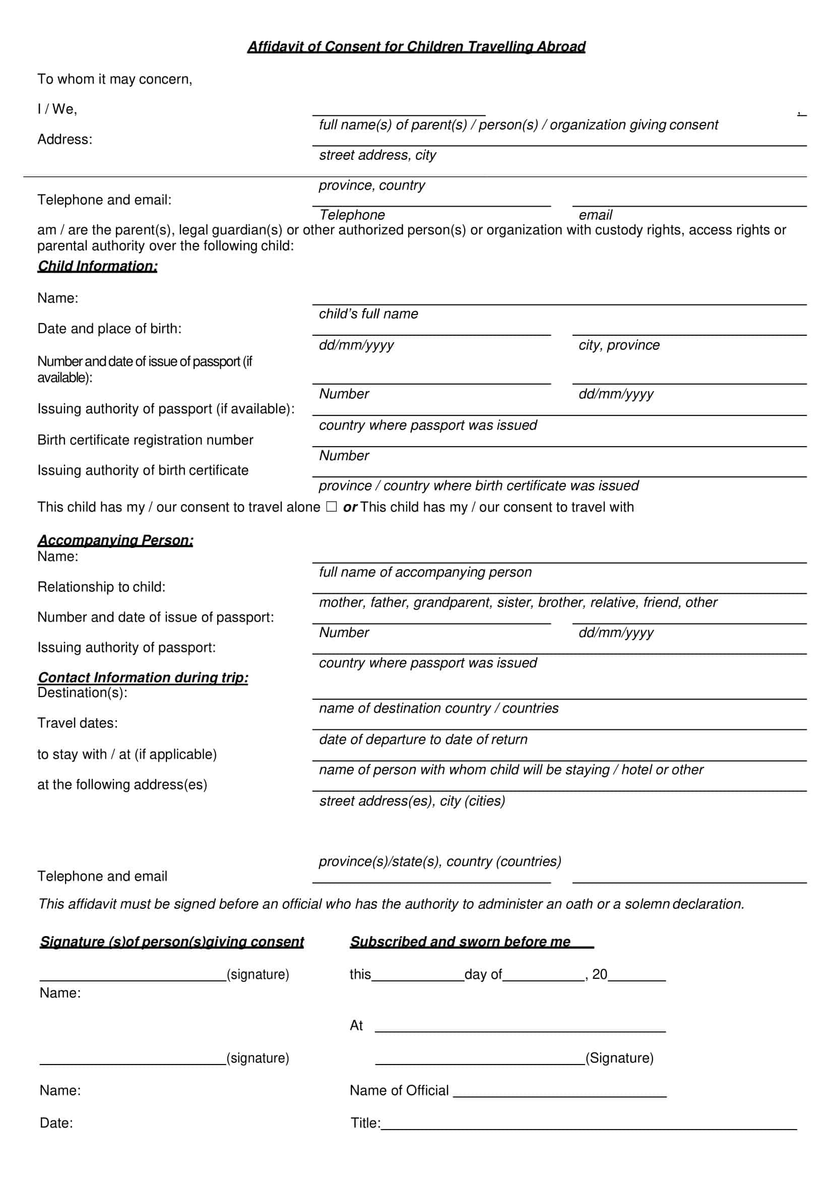 printable child travel consent form pdf printable child travel consent form pdf