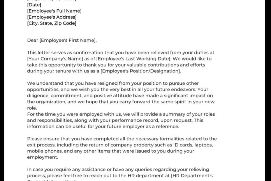 Relieving Letter
