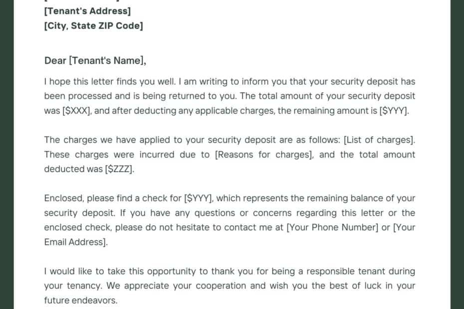 Security Deposit Return Letter