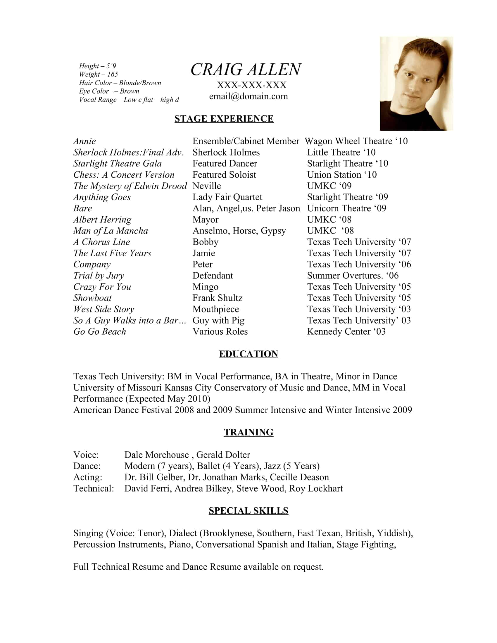 Free Printable Acting Resume Templates - Acting Resumes
