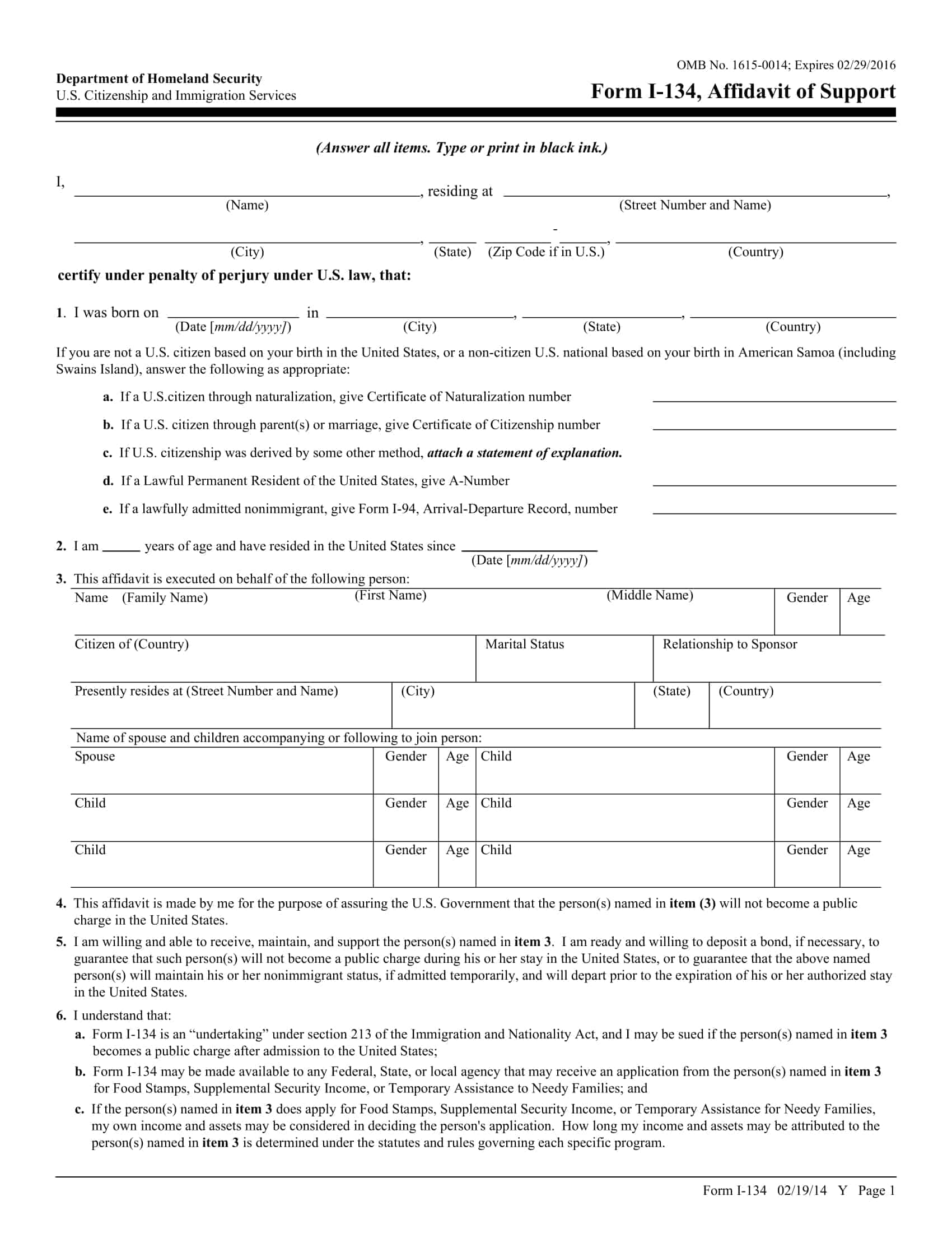 affidavit of support form i 134 affidavit of support form i 134