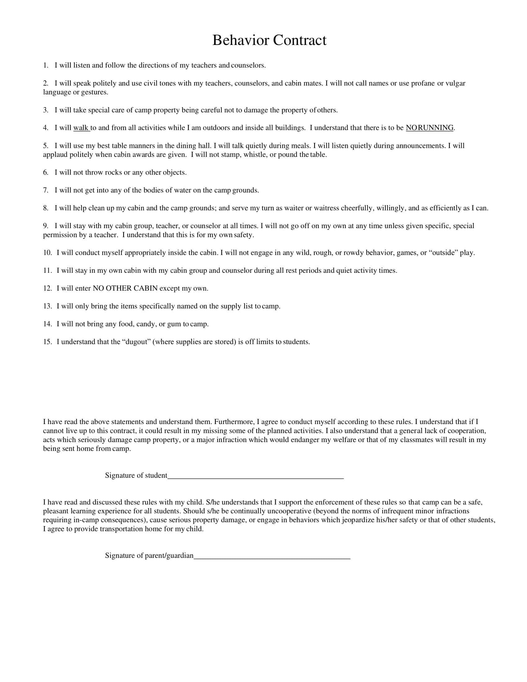 Free Printable Behavior Contract Templates PDF Examples 