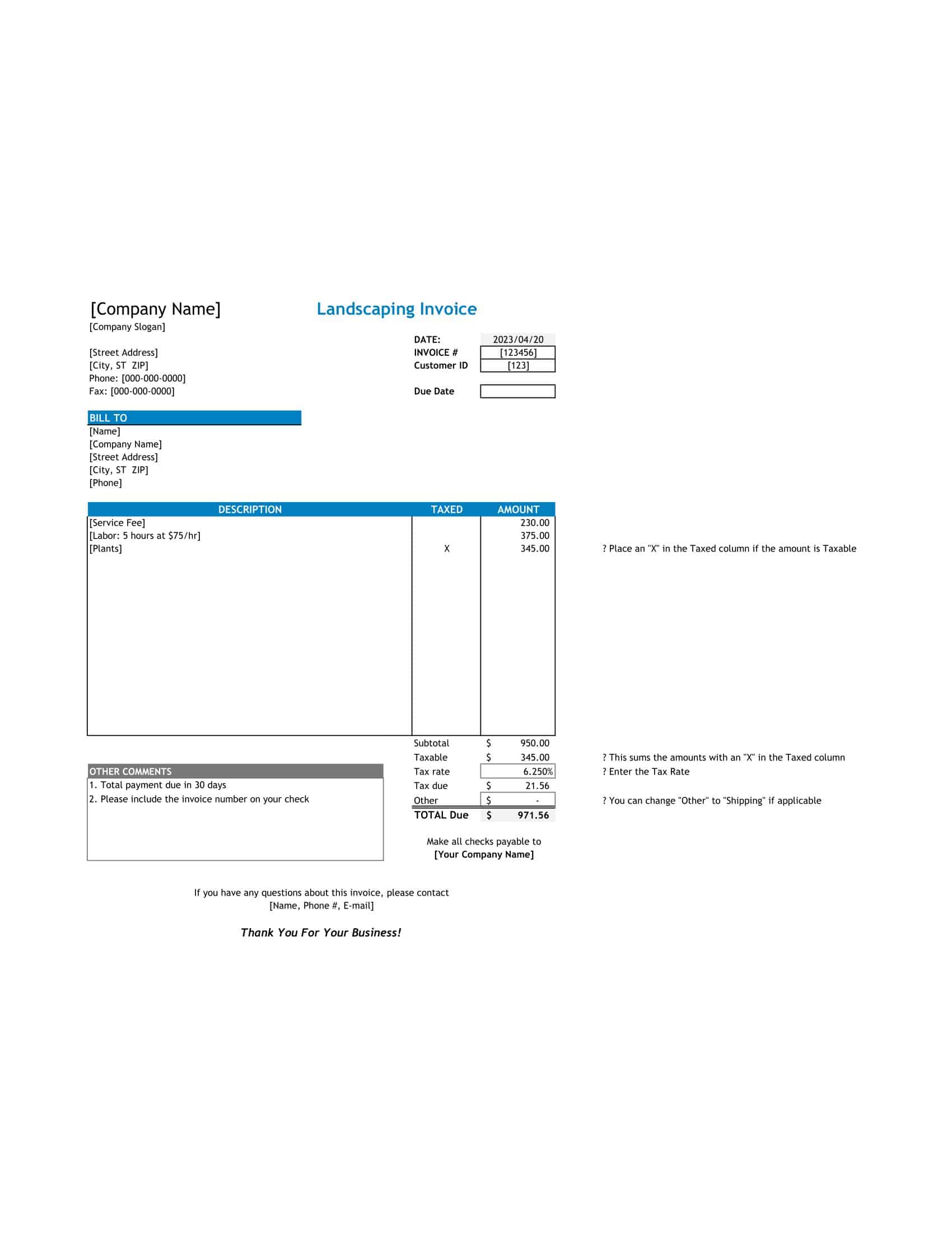 Free Printable Landscaping Invoice Templates [PDF, Word With Examples]