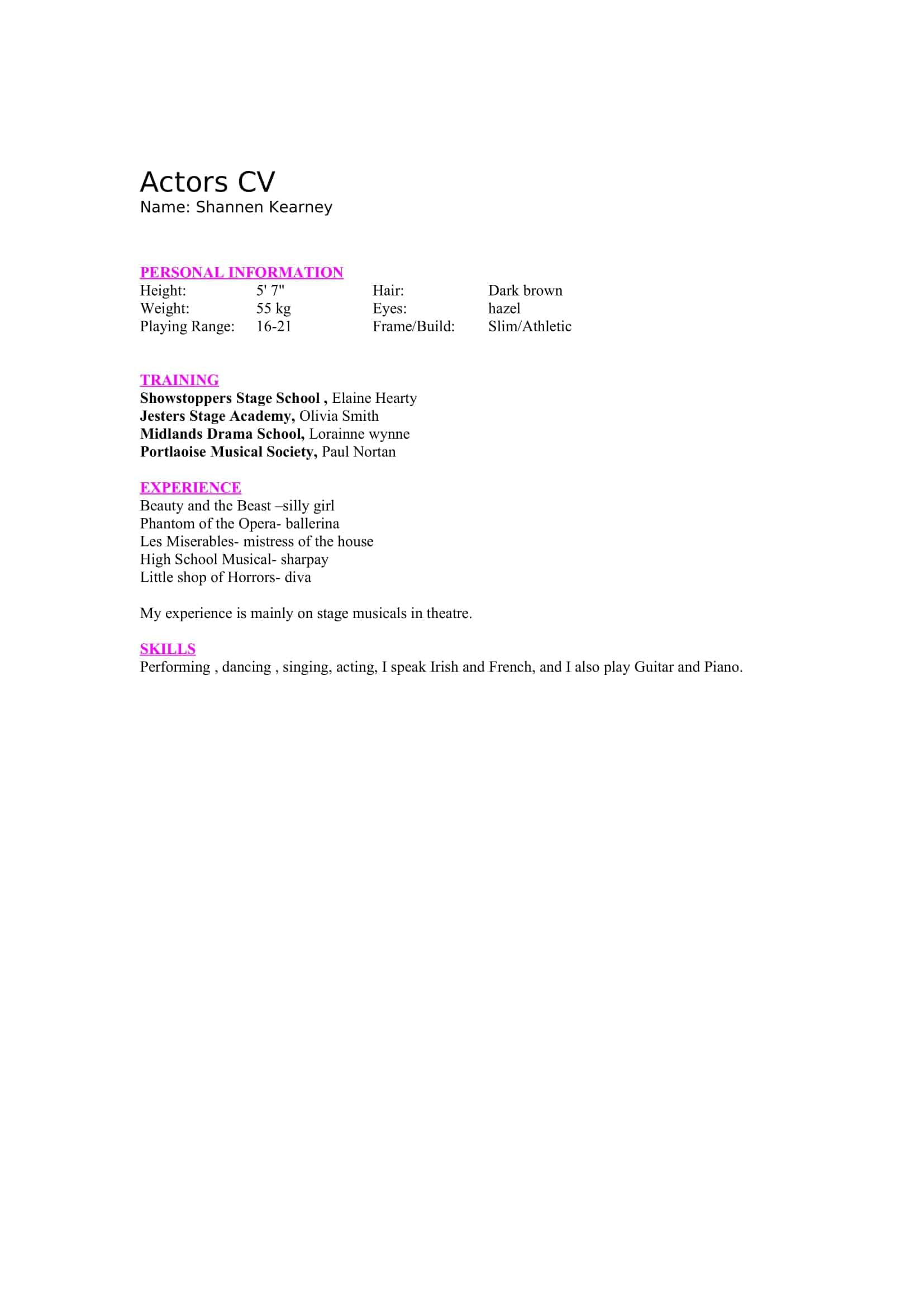 Free Printable Acting Resume Templates - Professional Acting Resume