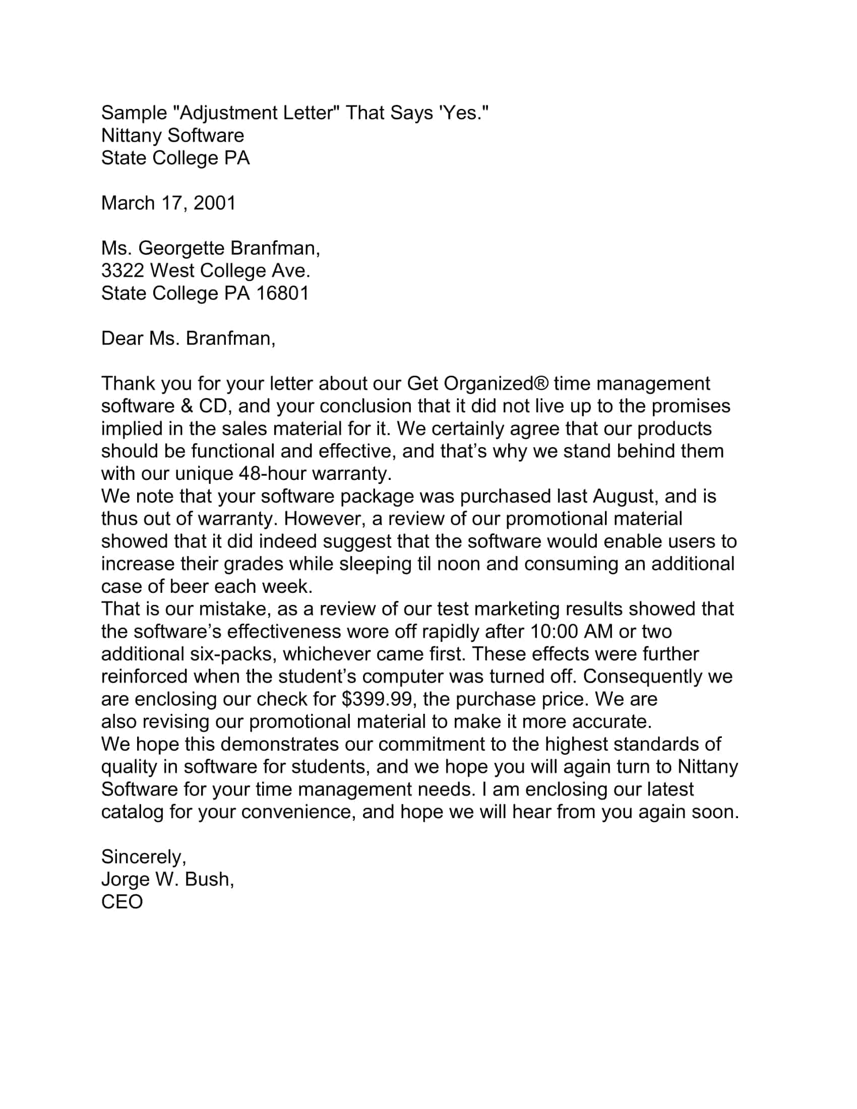 sample adjustment letter sample adjustment letter