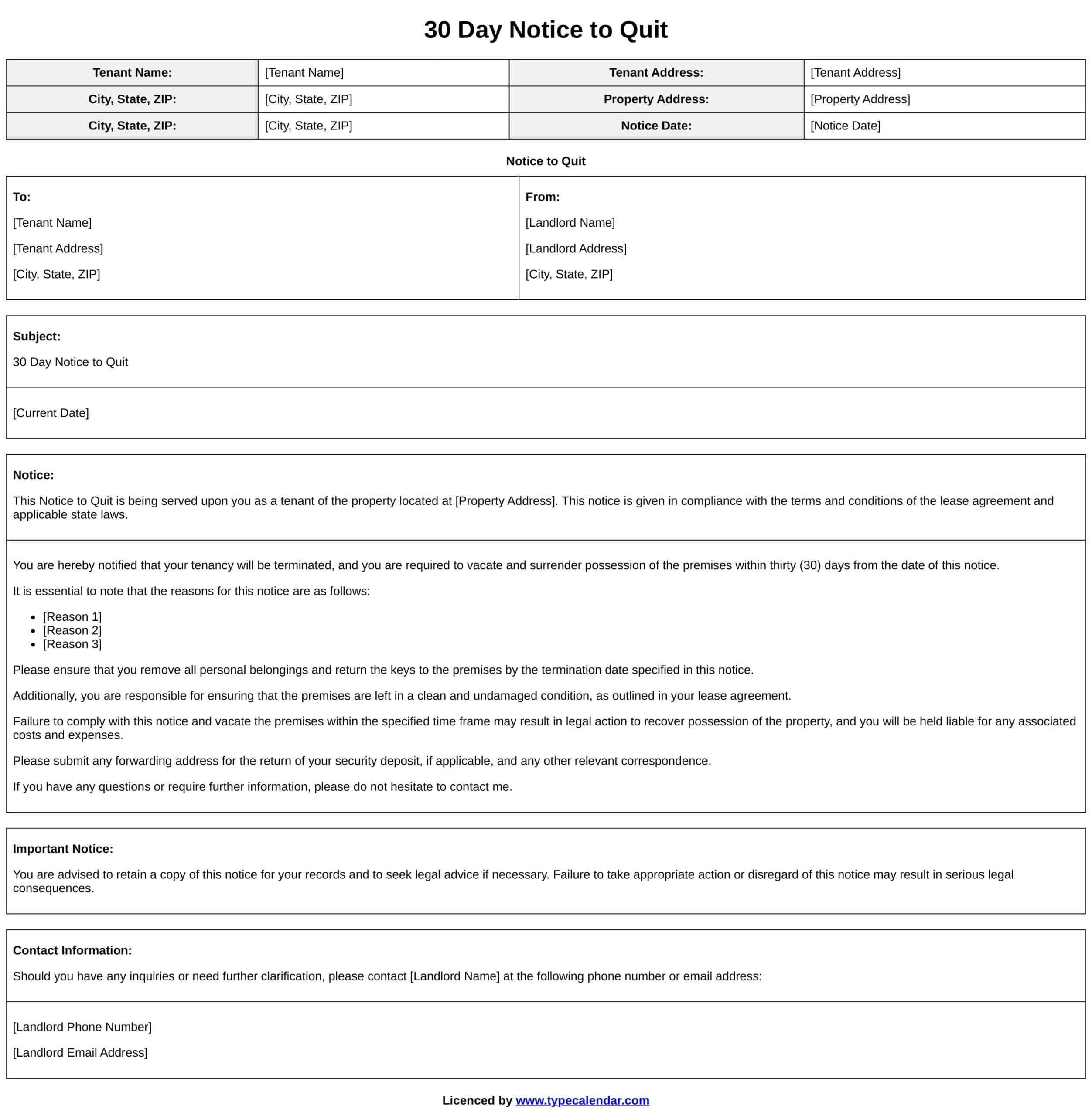 30 day notice to quit 30 day notice to quit