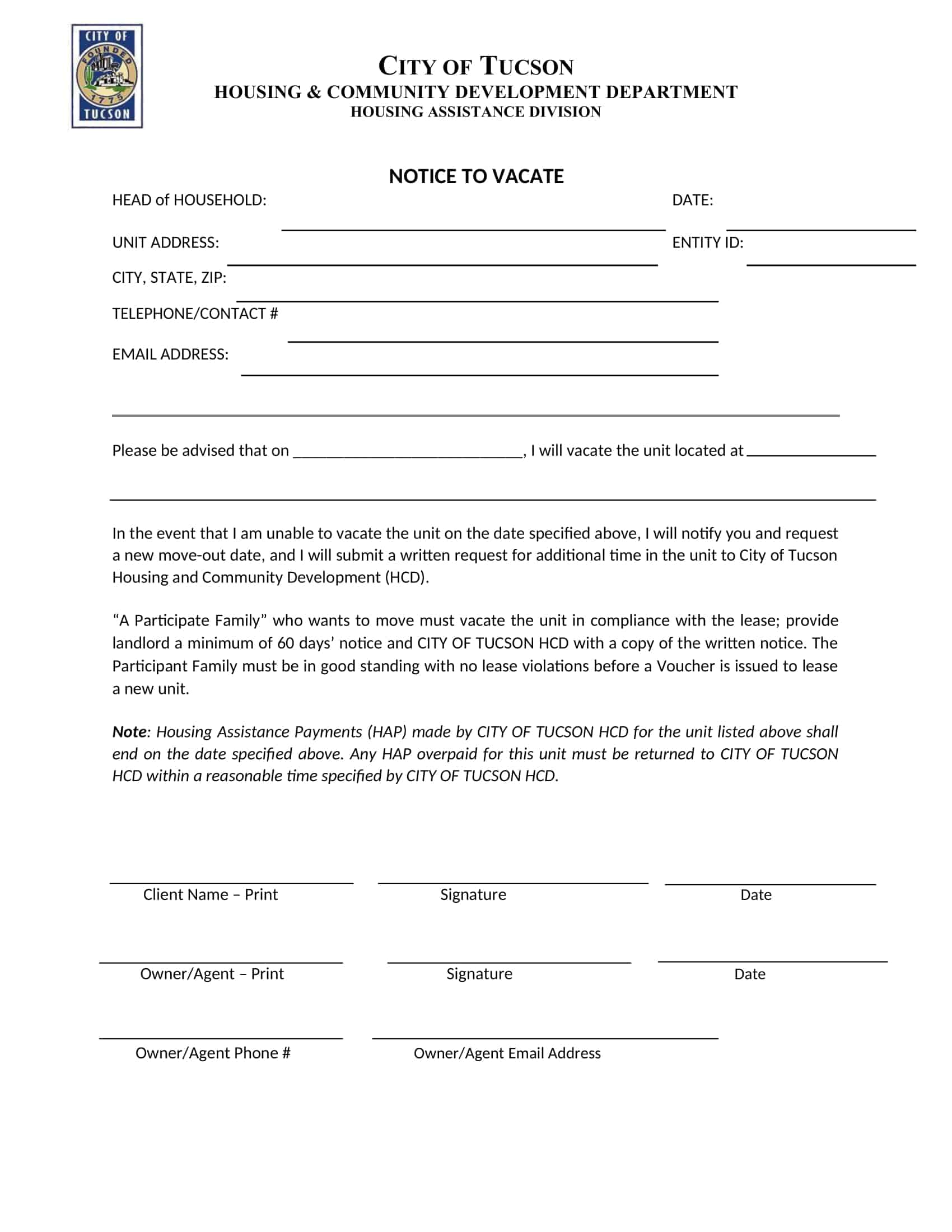 Free Printable Notice To Vacate Letter Templates / PDF (3060 Day Notice)