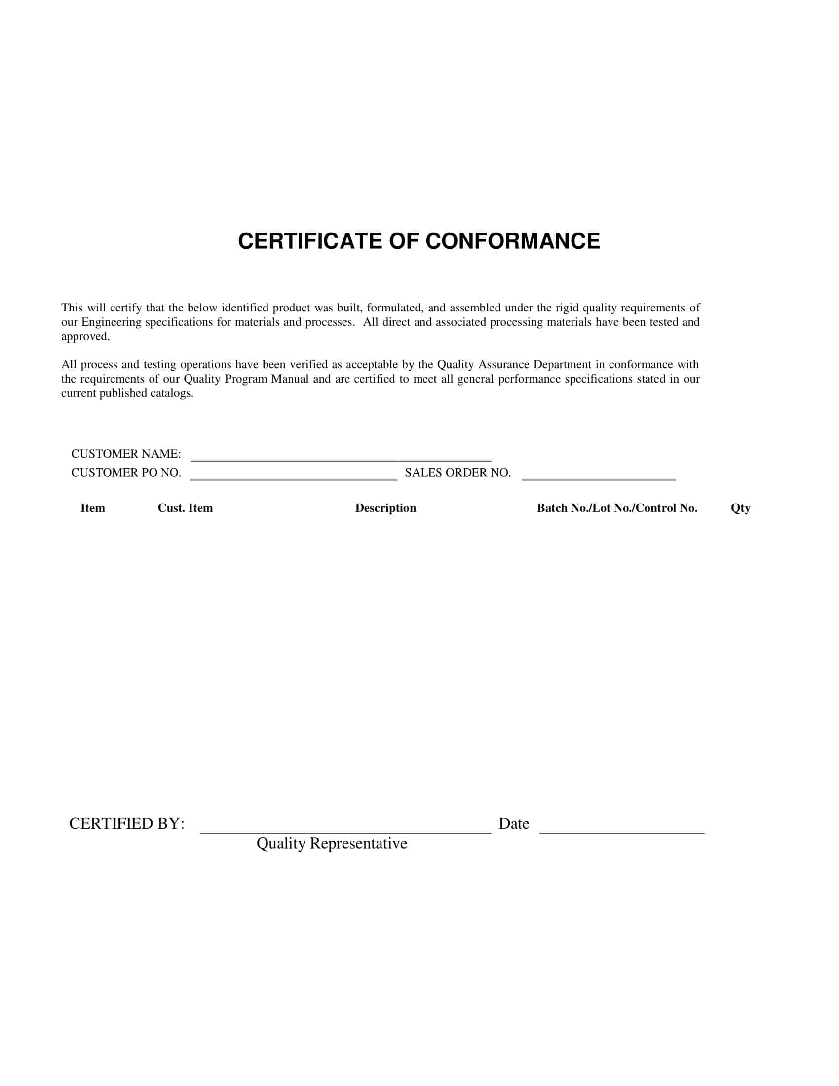 Blank Certificate of Conformance Template Blank Certificate of Conformance Template