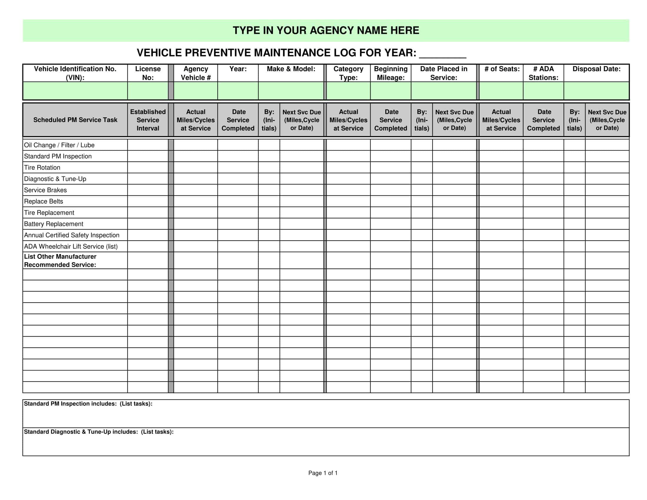 Free Printable Vehicle Maintenance Log Templates Excel Word PDF 