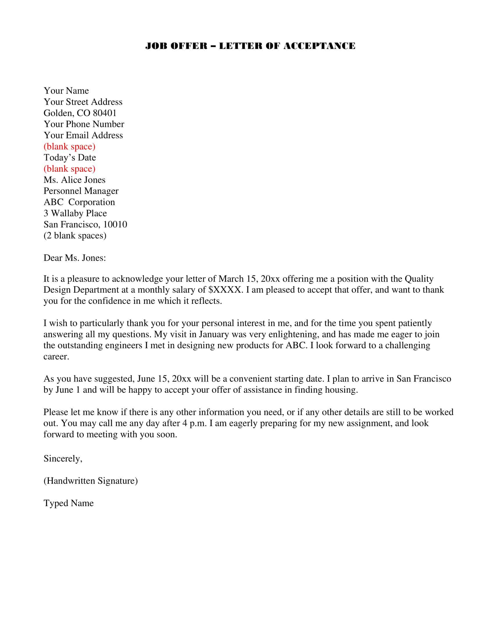 Blank job offer acceptance letter sample (PDF) Blank job offer acceptance letter sample (PDF)