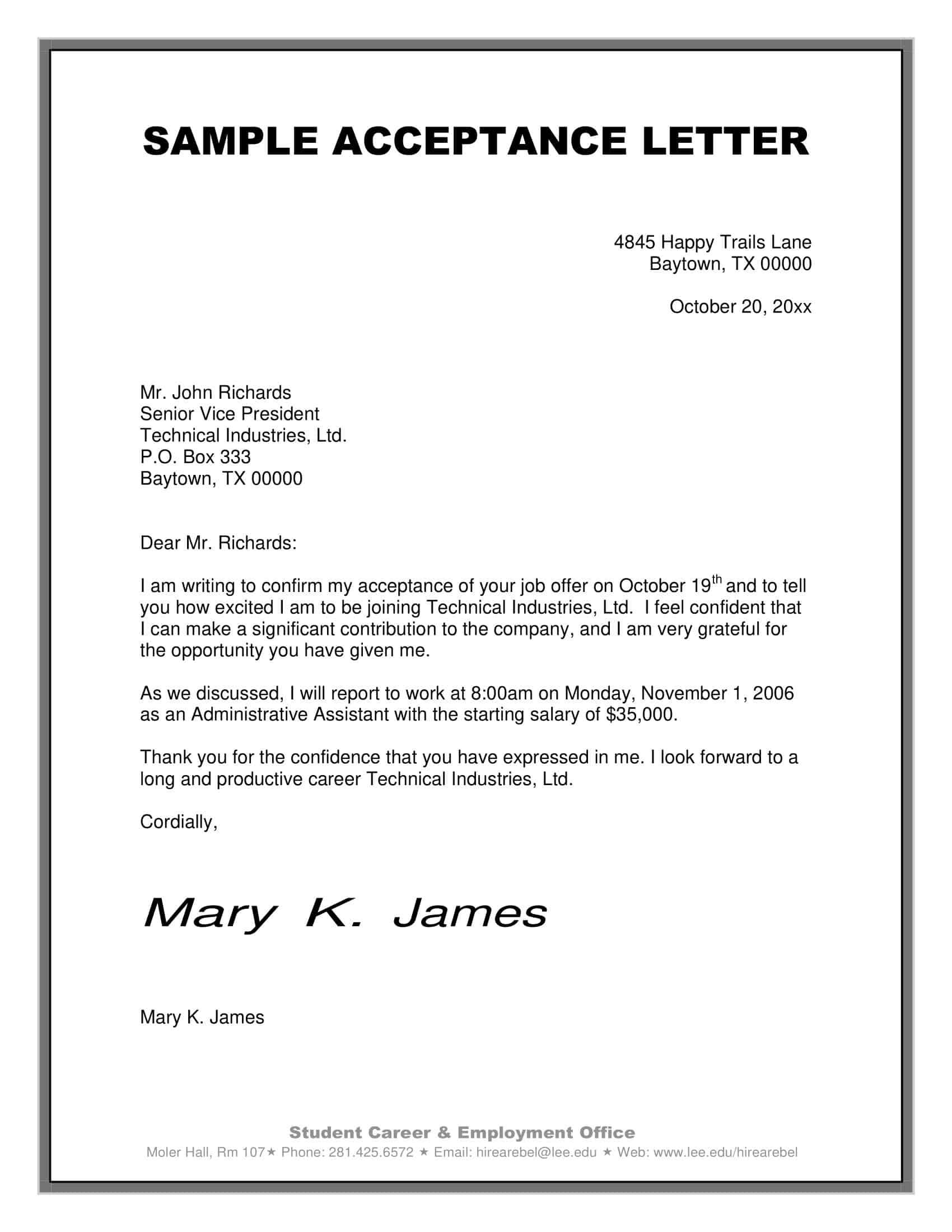Blank job offer acceptance letter sample template (editable) Blank job offer acceptance letter sample template (editable)