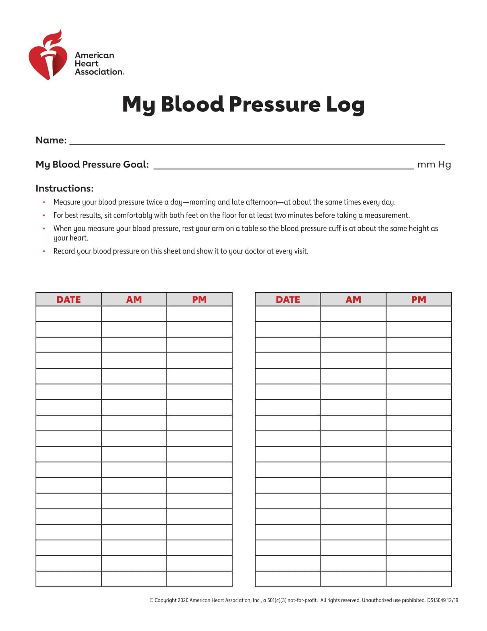 Printable Blood Pressure Log Free Printable