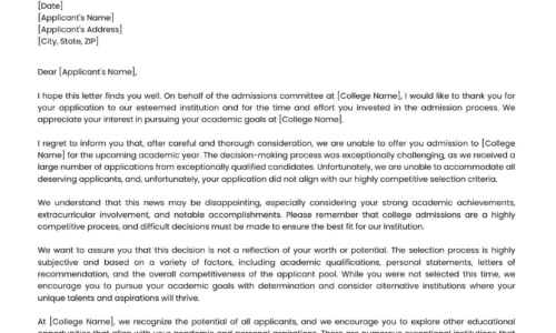 Free Printable College Rejection Letter Templates [PDF, Word] Sample