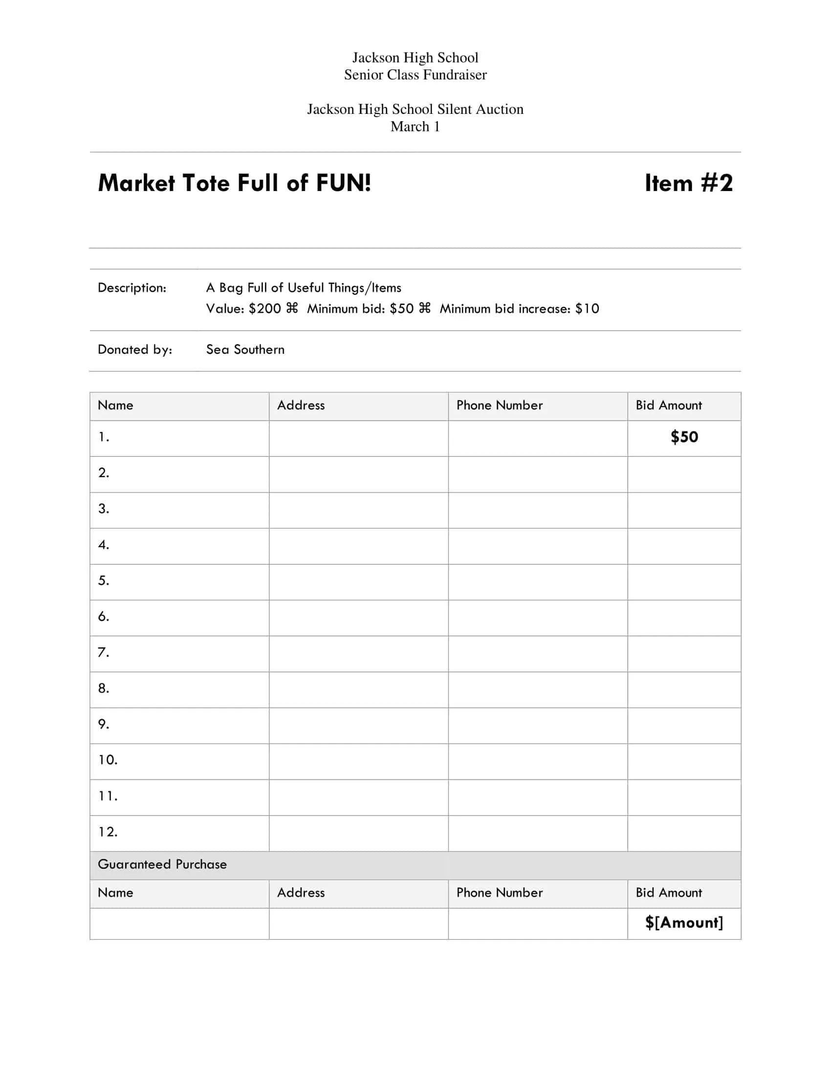 Easy-to-Use Silent Auction Bid Sheet Easy-to-Use Silent Auction Bid Sheet