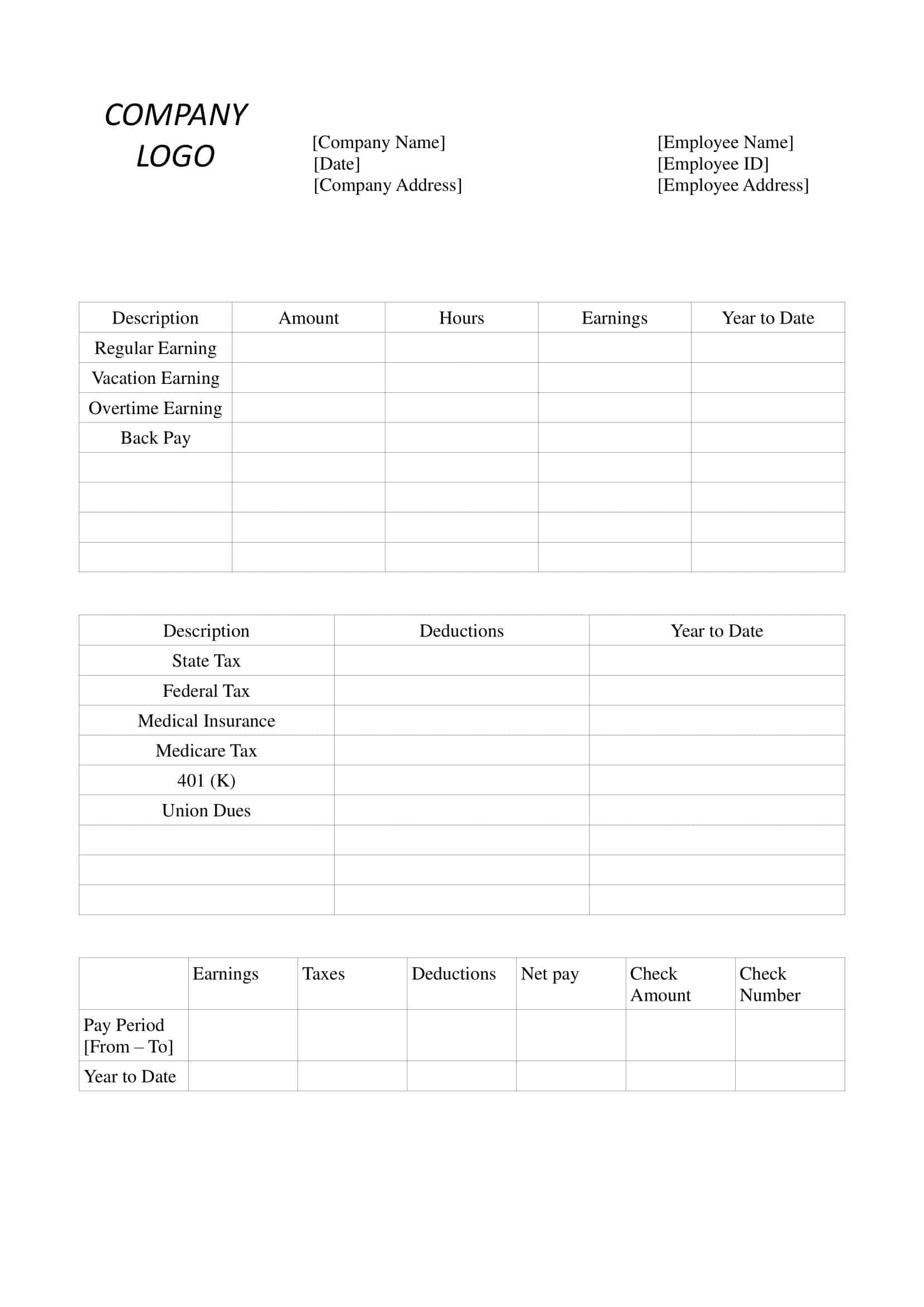 Editable Blank Pay Stub Editable Blank Pay Stub