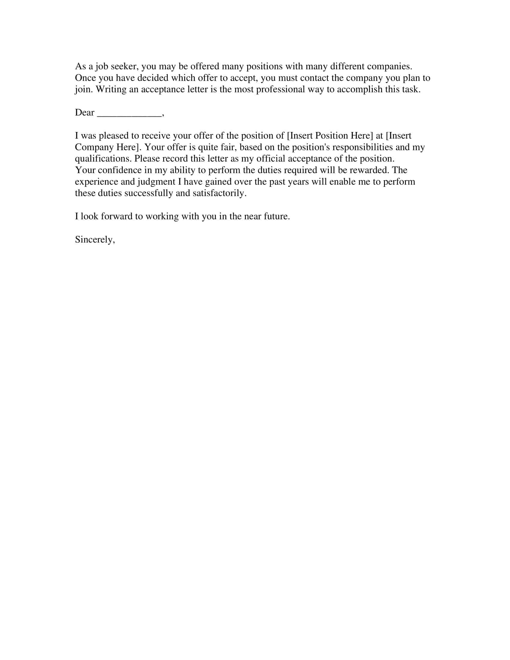 Editable job offer acceptance letter format with instructions Editable job offer acceptance letter format with instructions