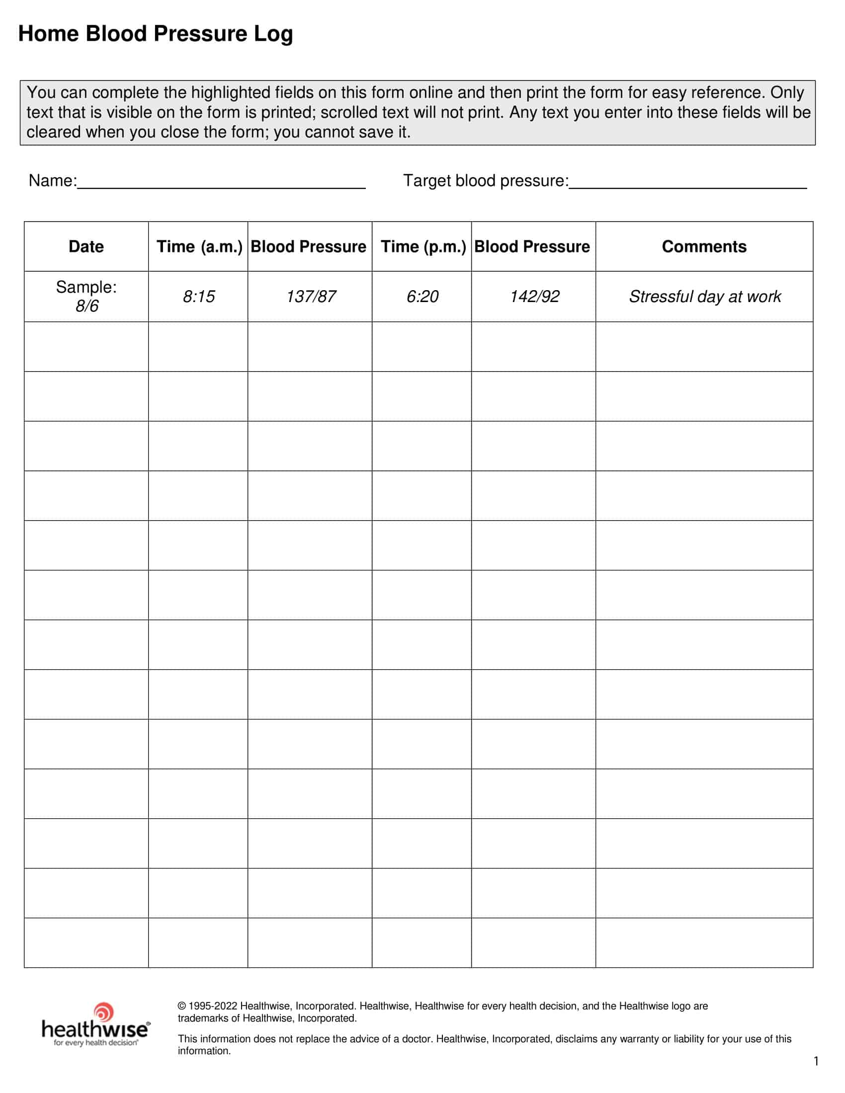 Fillable Blood Pressure Monitoring Log Fillable Blood Pressure Monitoring Log