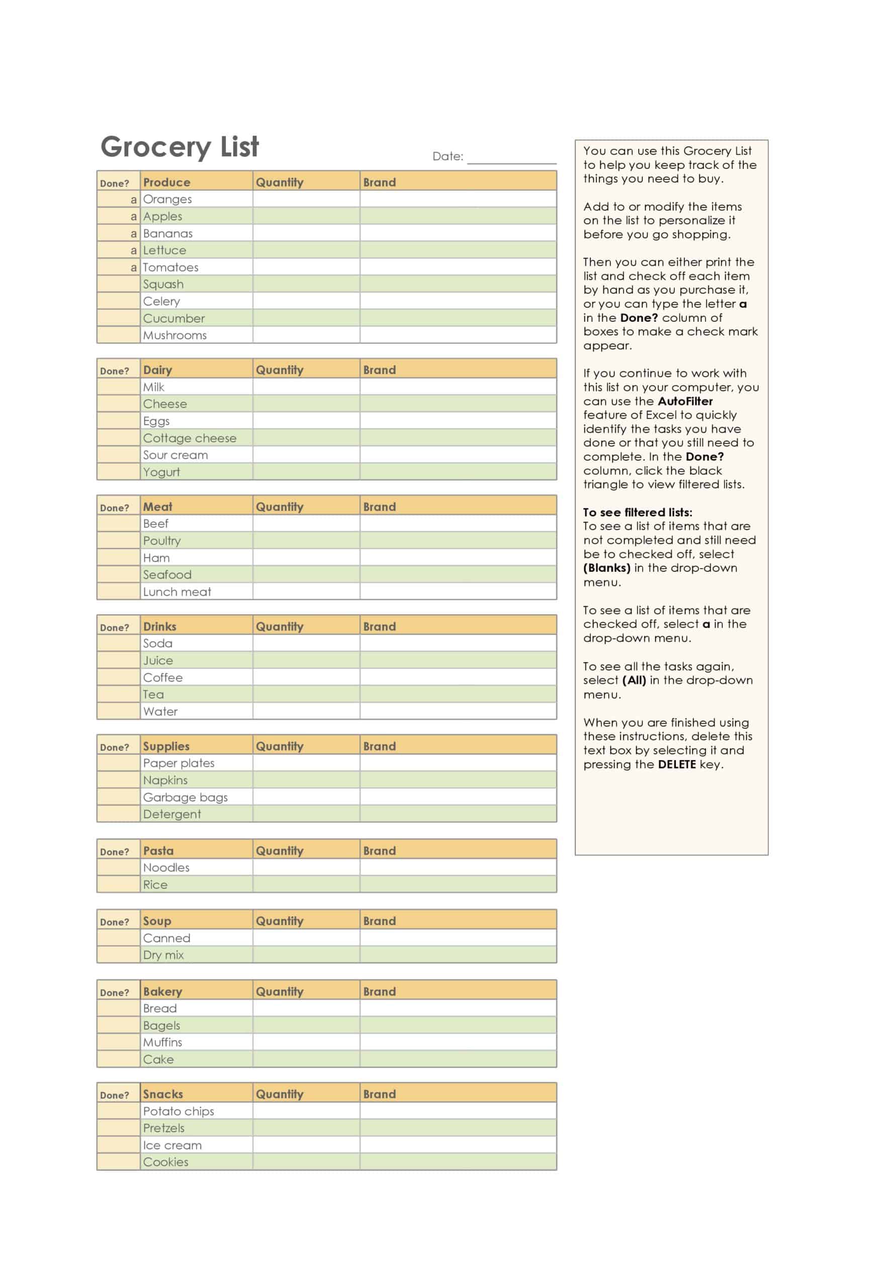 Fillable Master Grocery List Fillable Master Grocery List