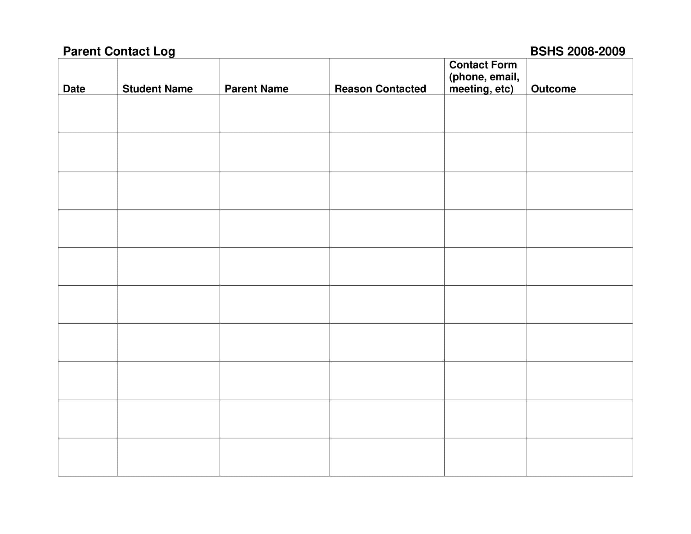 Free Parent Contact Log Form Free Parent Contact Log Form