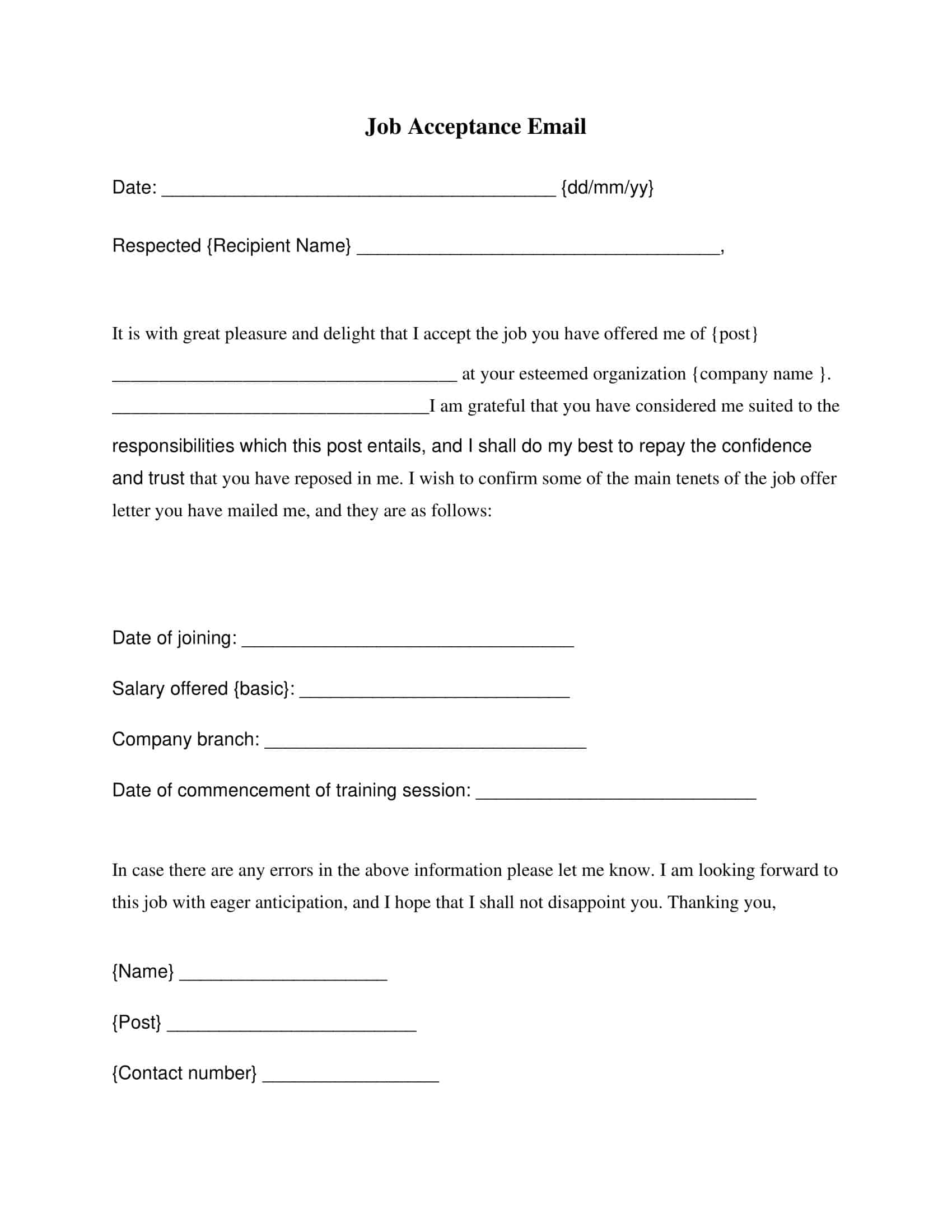 Job offer acceptance letter template in editable format Job offer acceptance letter template in editable format