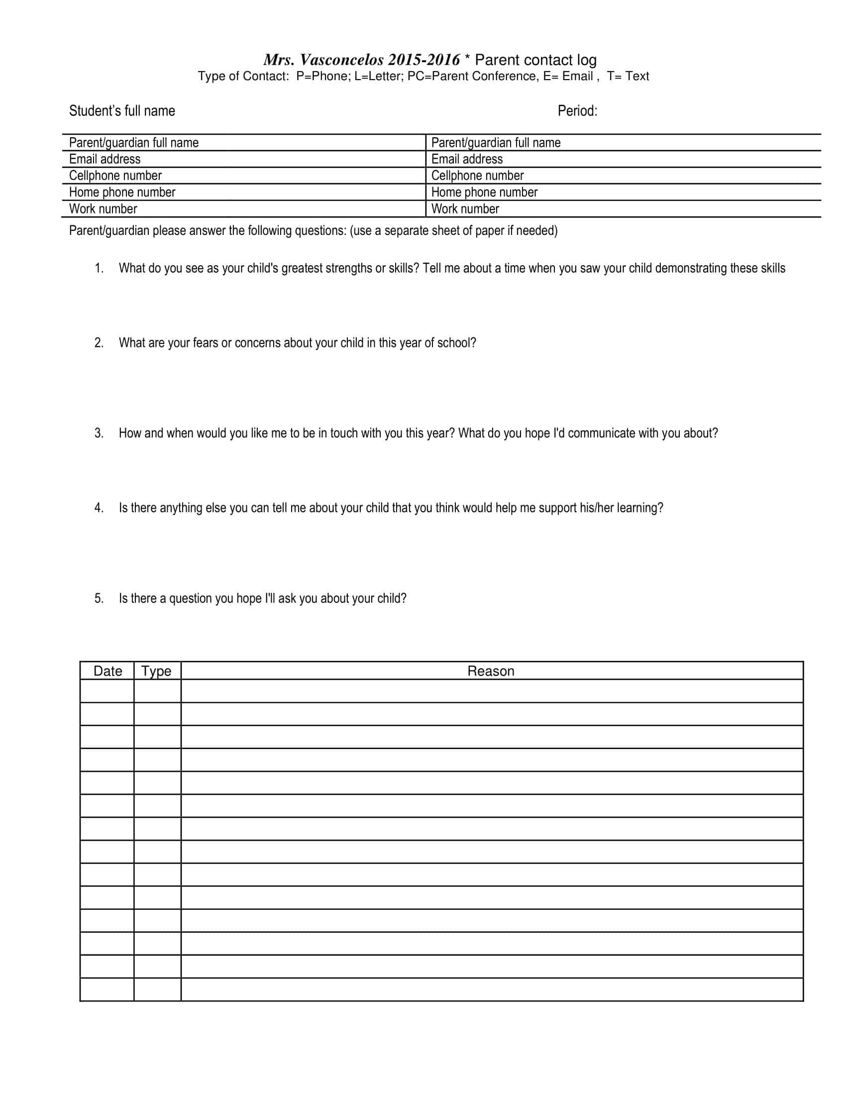 Parent Communication Log Parent Communication Log