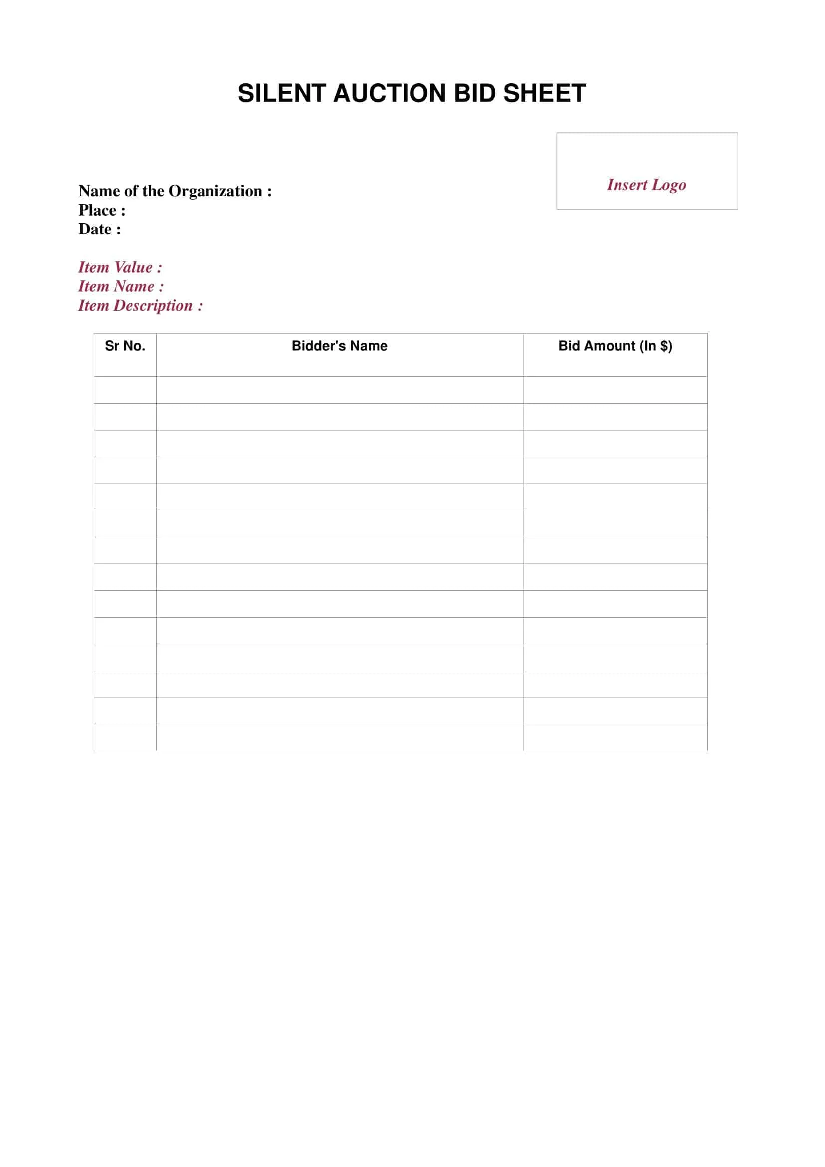 Printable Blank Silent Auction Bid Sheet Printable Blank Silent Auction Bid Sheet