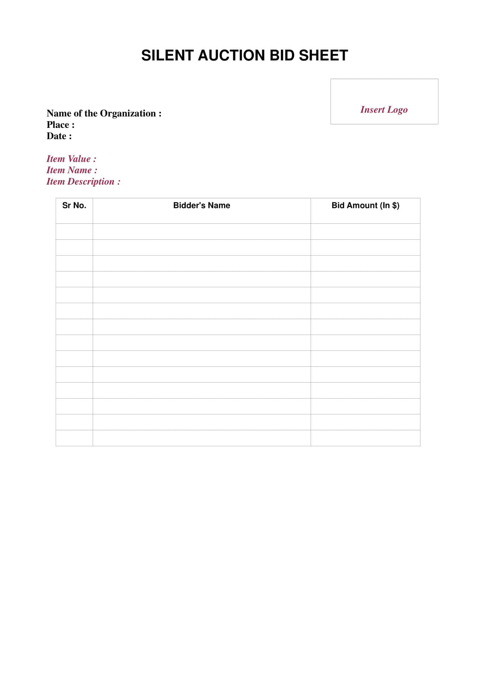 Silent Auction Forms Silent Auction Forms