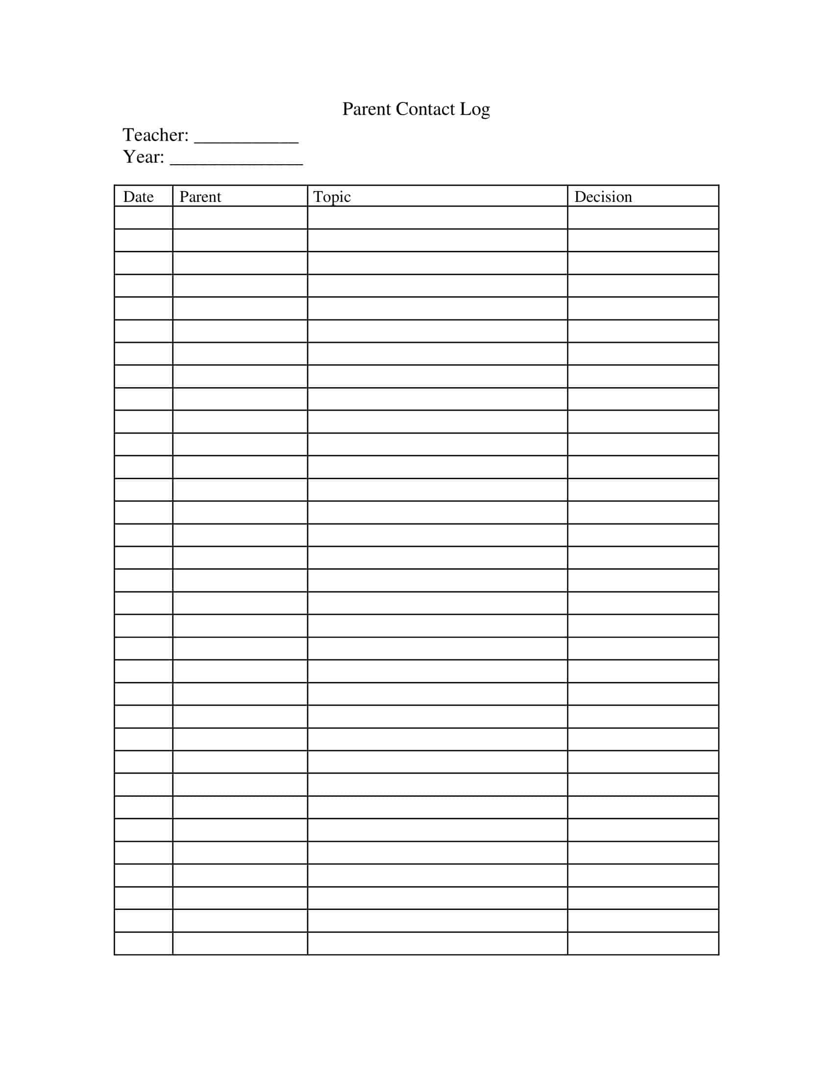 Printable Parent Contact Log Printable Parent Contact Log