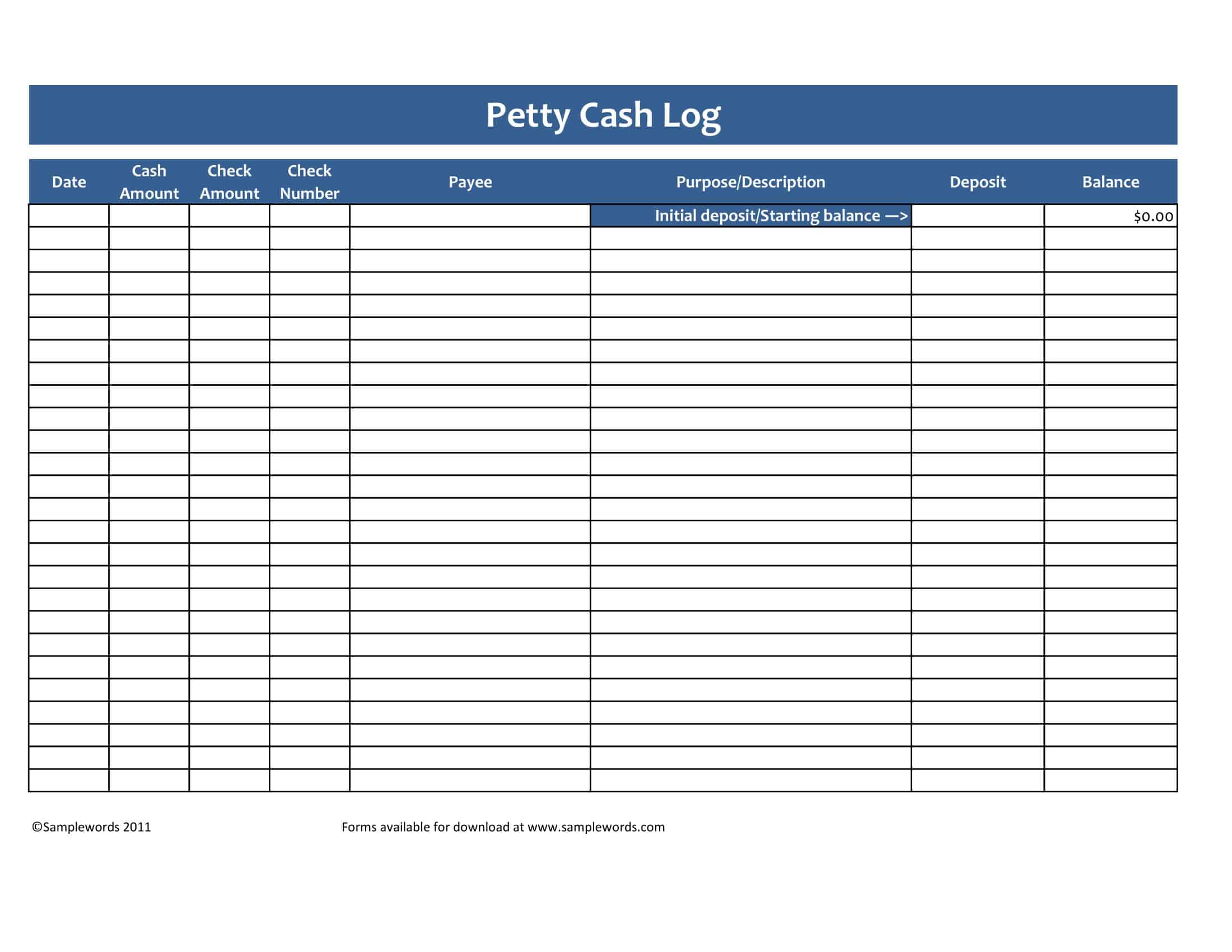 Printable Petty Cash Log PDF Printable Petty Cash Log PDF