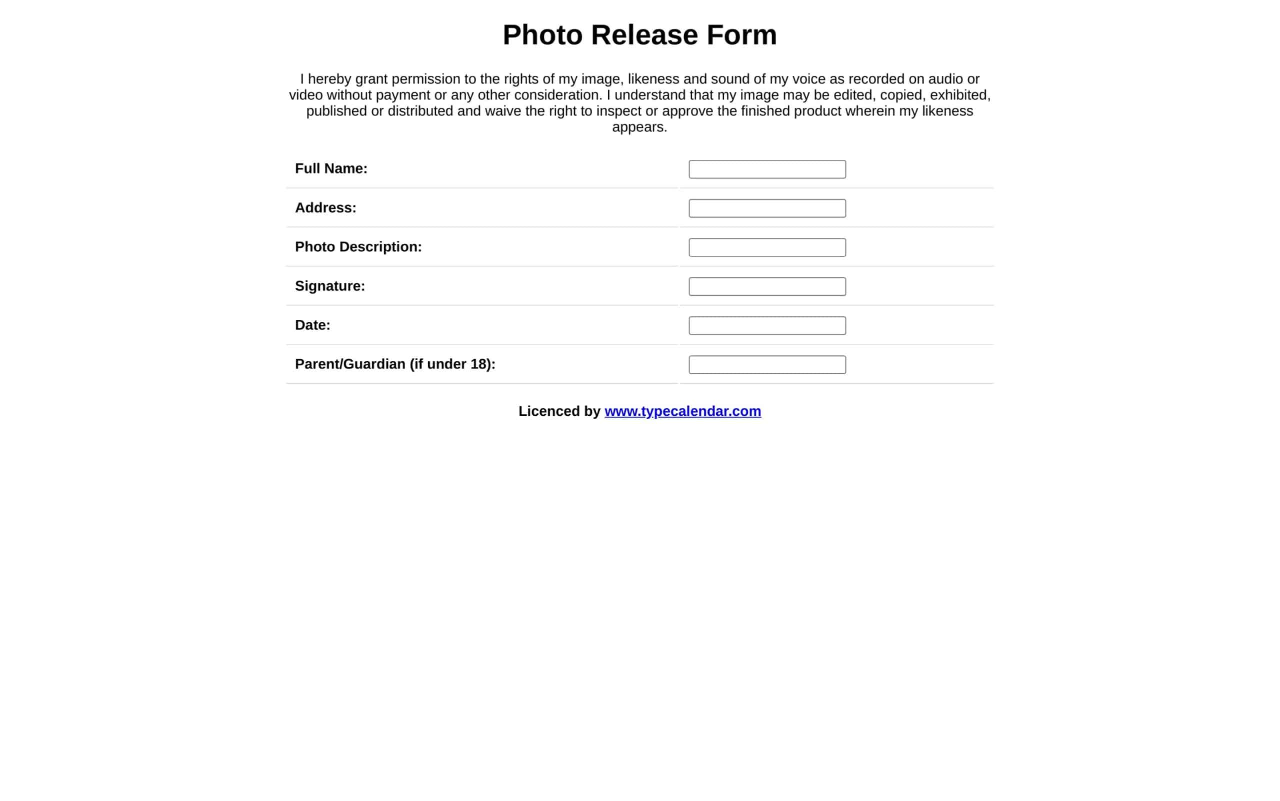 Printable Photo Release Form Printable Photo Release Form