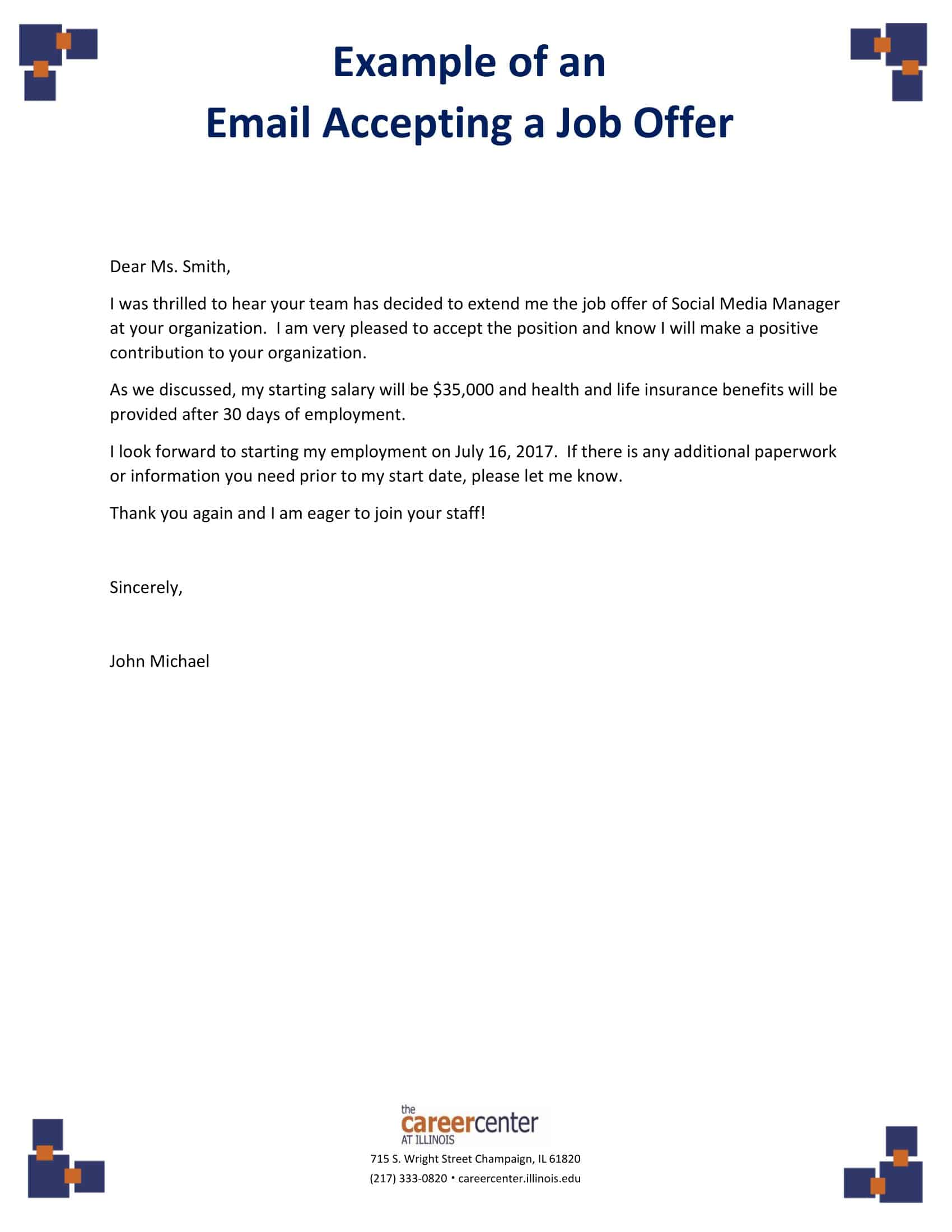 Printable job offer acceptance letter sample template (PDF) Printable job offer acceptance letter sample template (PDF)