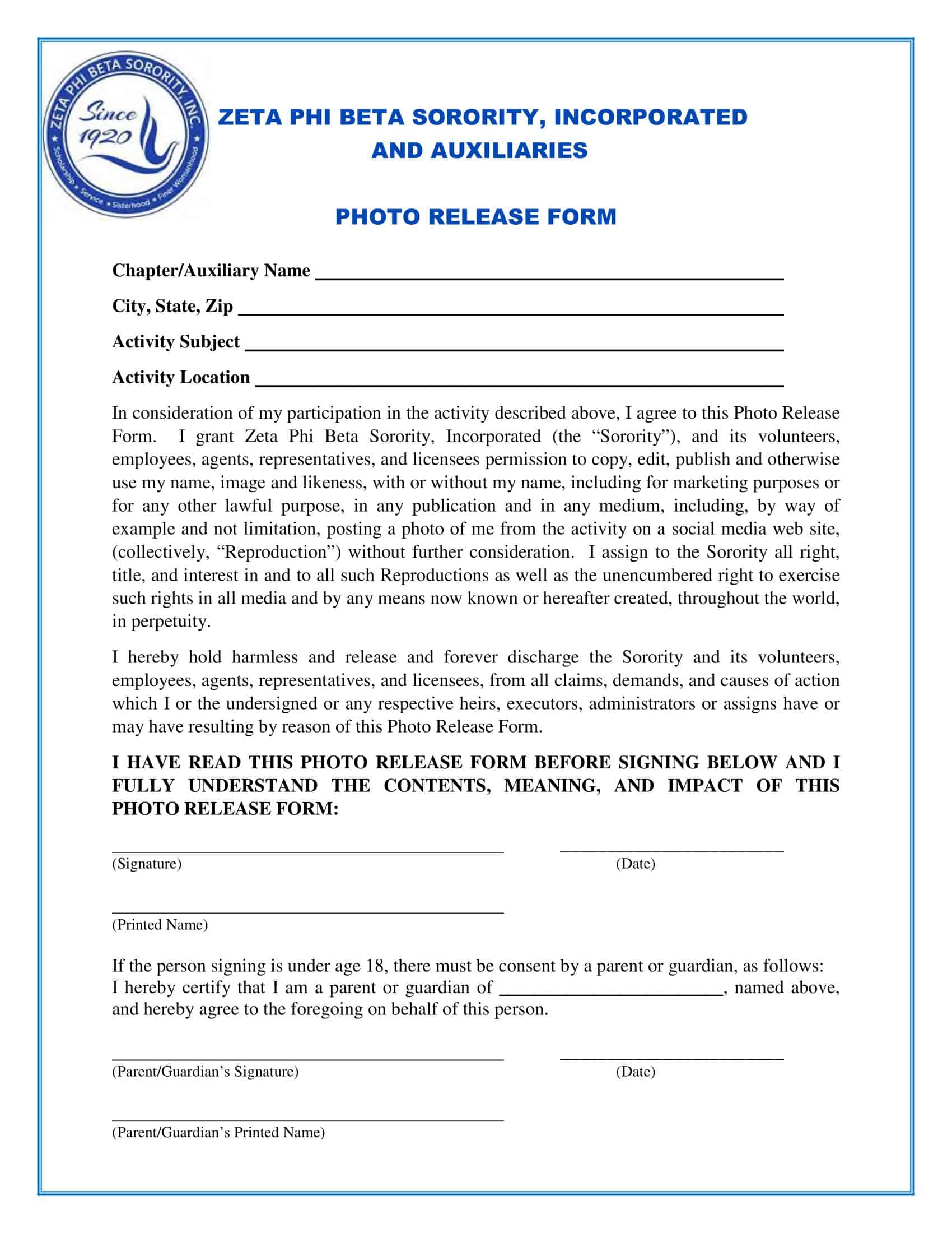 Professional Photo Release Form Professional Photo Release Form