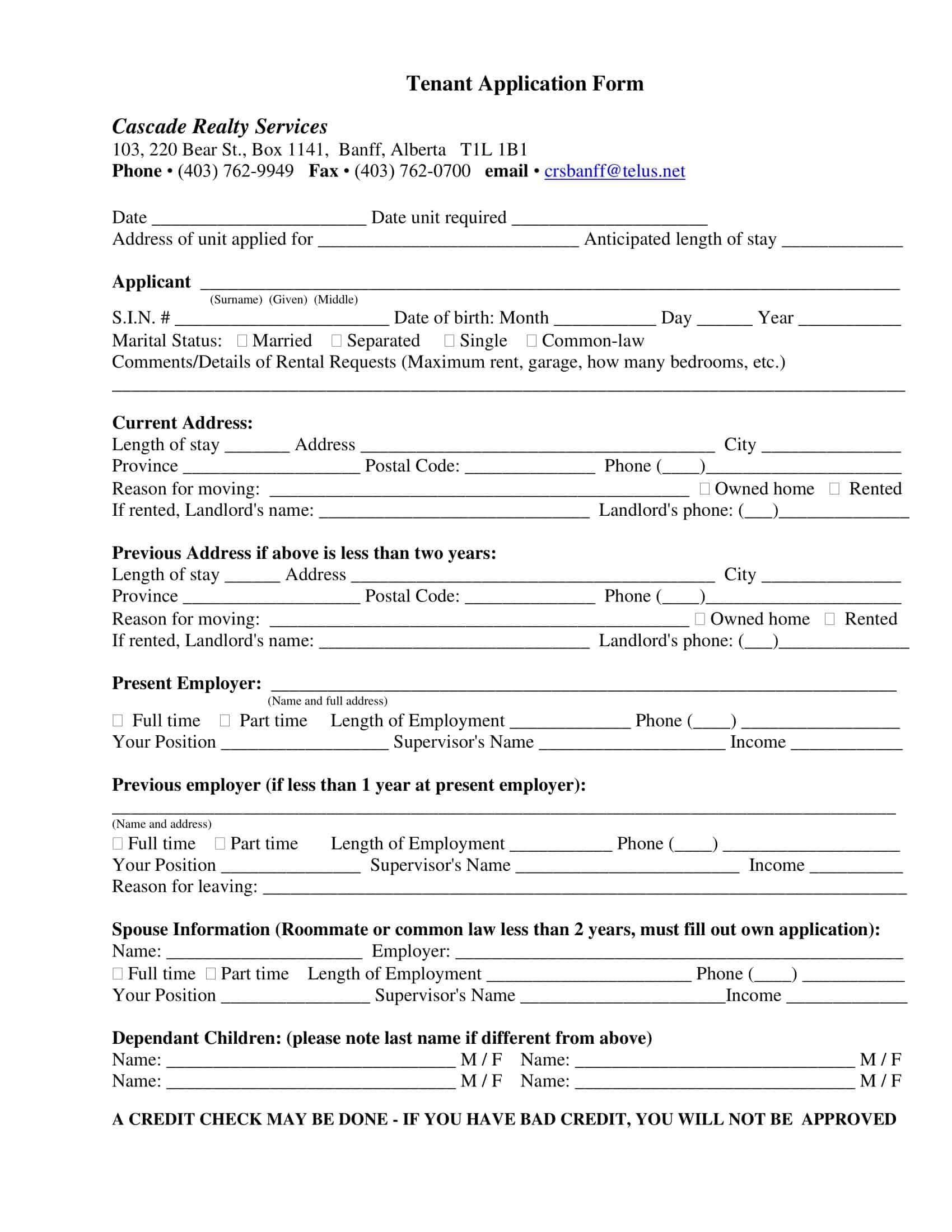 Rental Application Form PDF Rental Application Form PDF