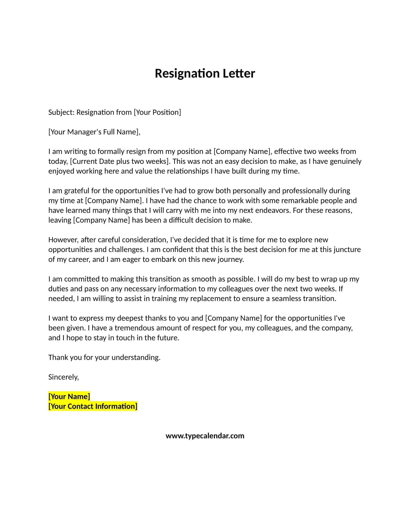 Resignation Letter Resignation Letter