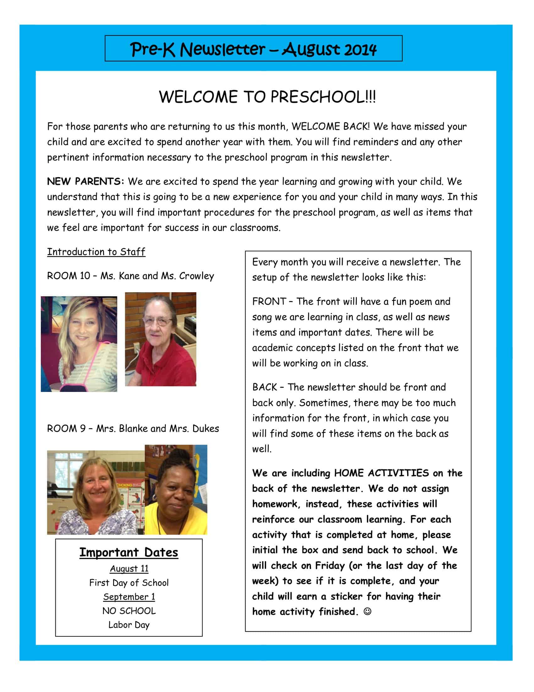 Sample Preschool Newsletter Sample Preschool Newsletter