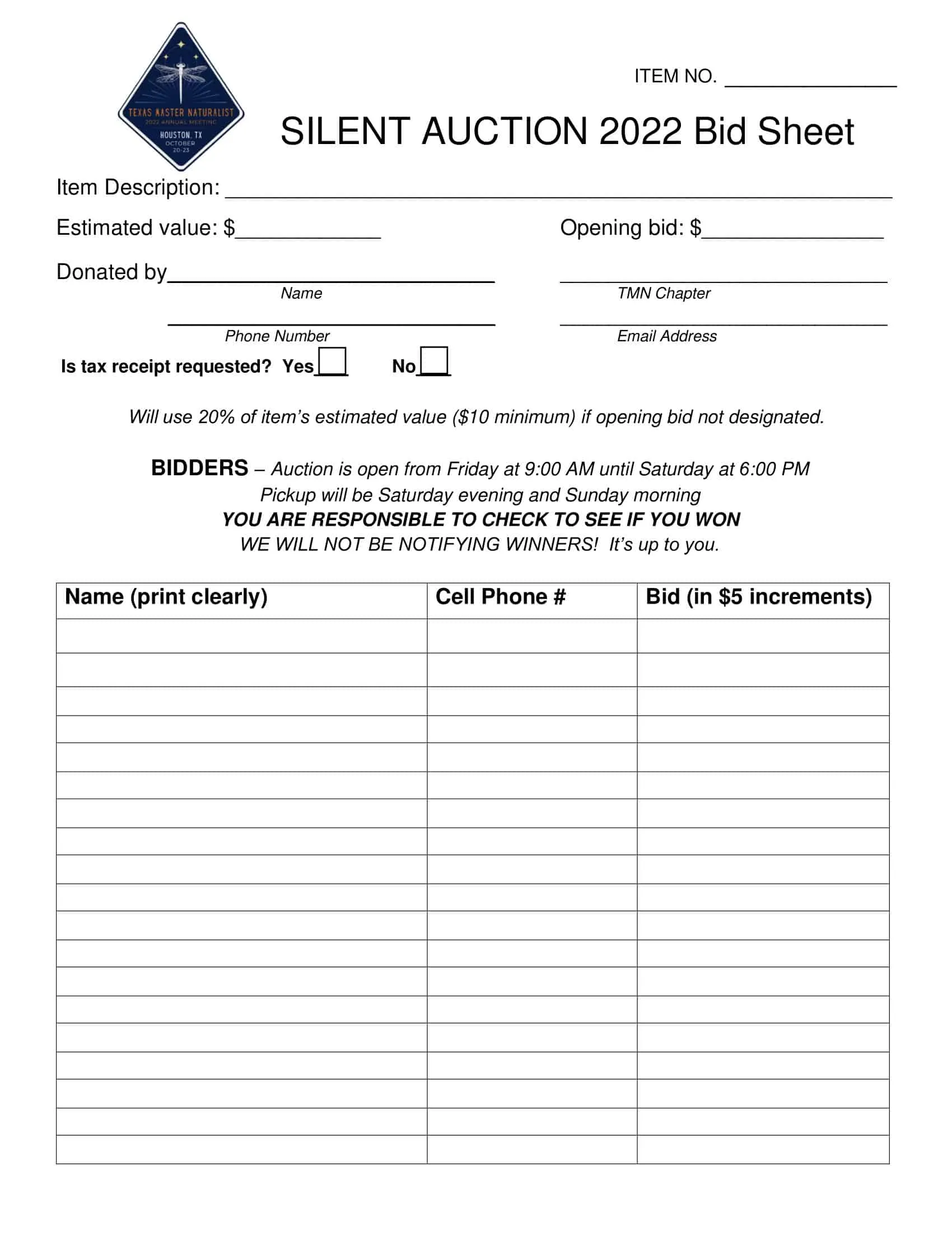 Silent Auction Bid Sheet Word Silent Auction Bid Sheet Word