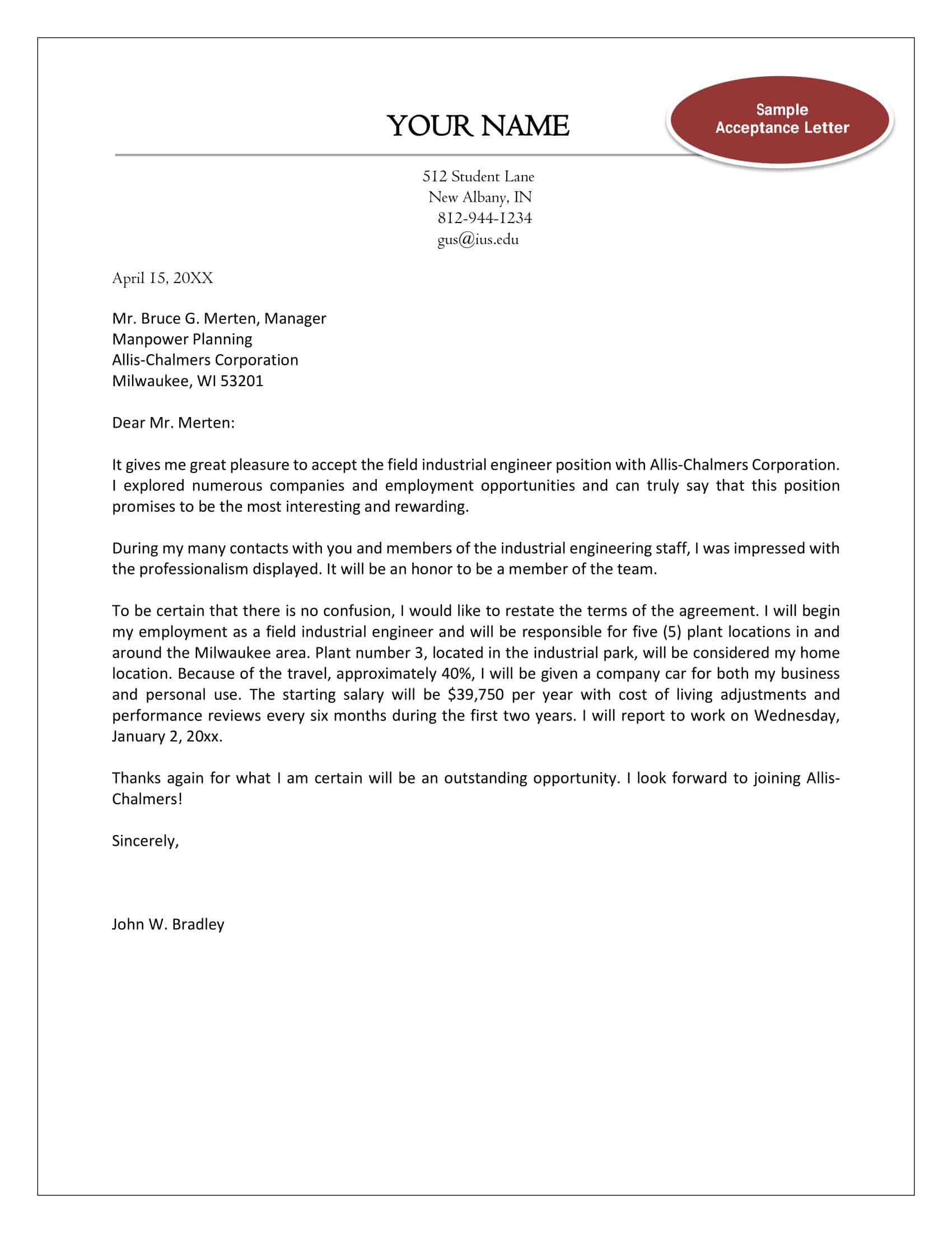 Simple job offer acceptance letter sample Simple job offer acceptance letter sample