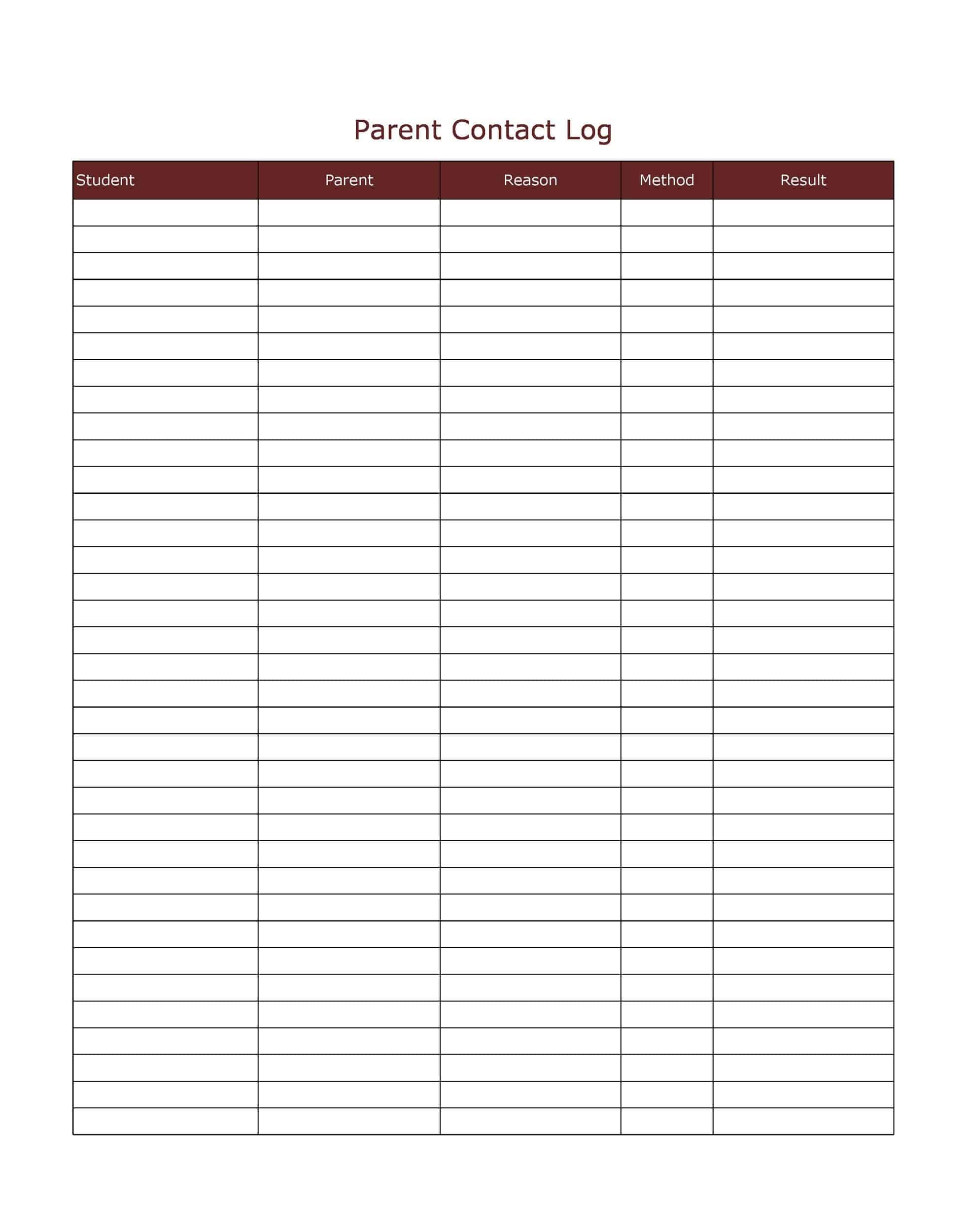 Template for Parent Contact Log Template for Parent Contact Log