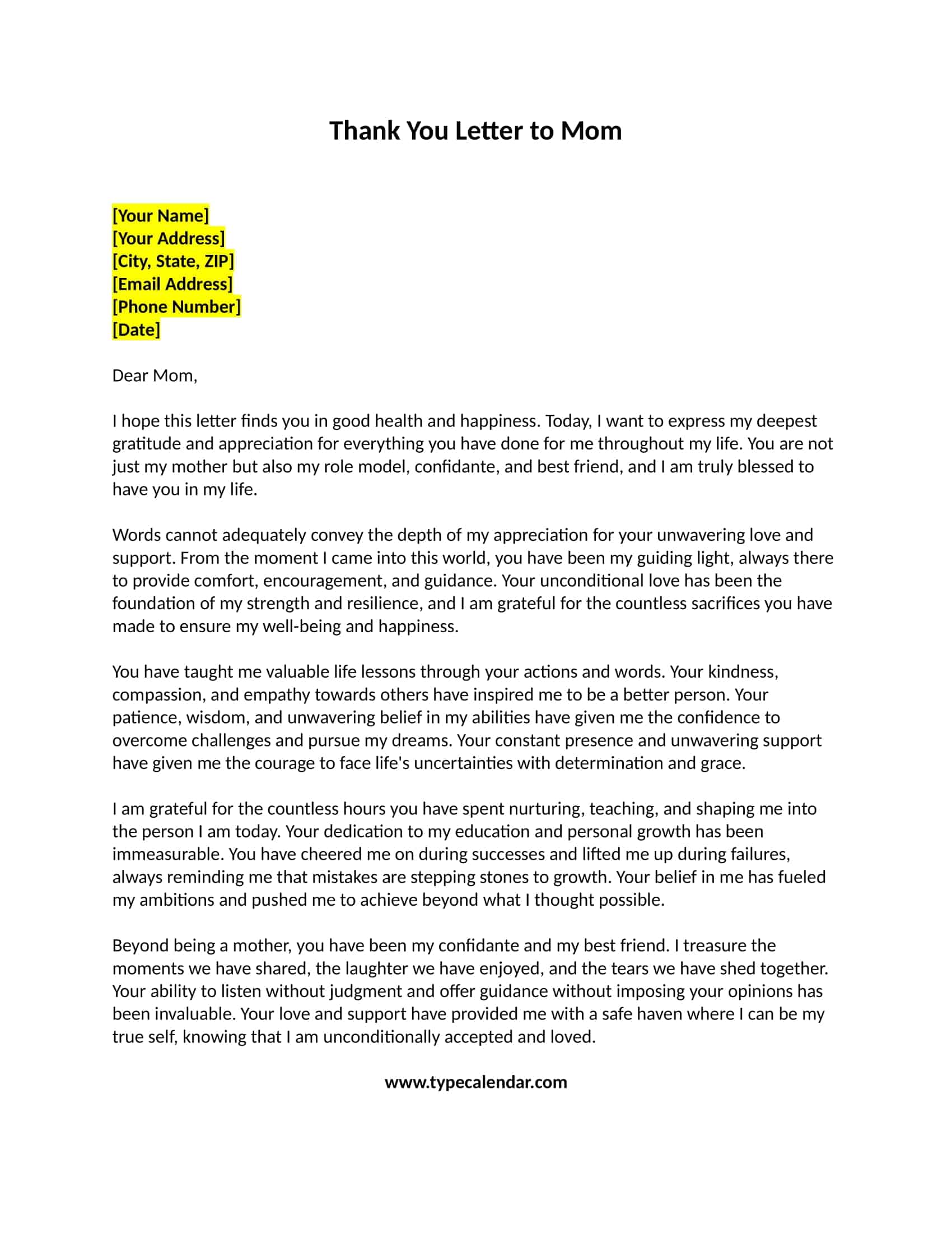 Thank You Letter to Mom Thank You Letter to Mom