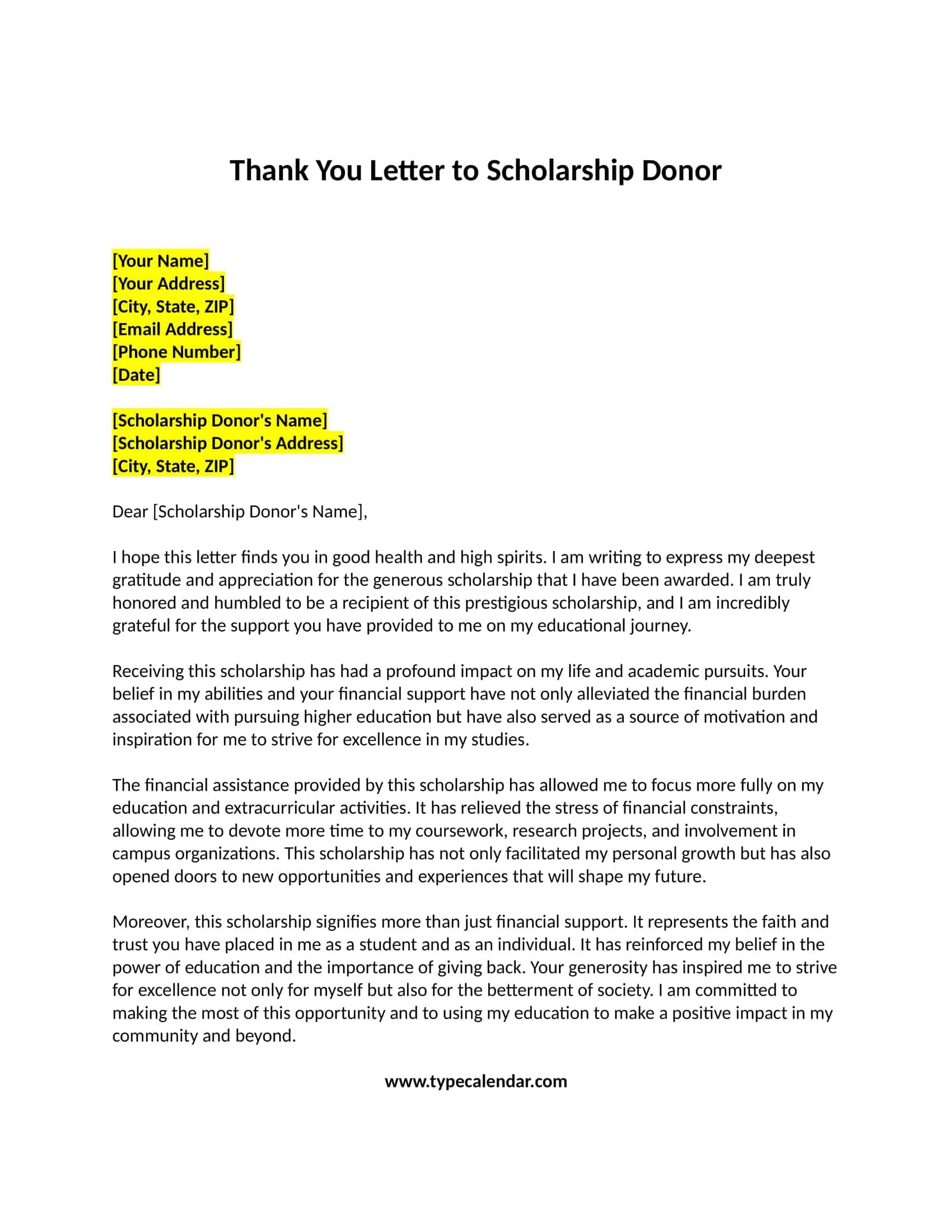 Thank You Letter to Scholarship Donor Thank You Letter to Scholarship Donor