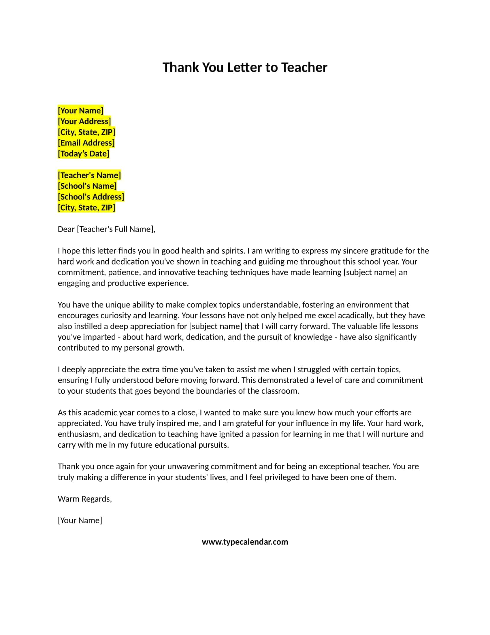 Thank You Letter to Teacher Thank You Letter to Teacher