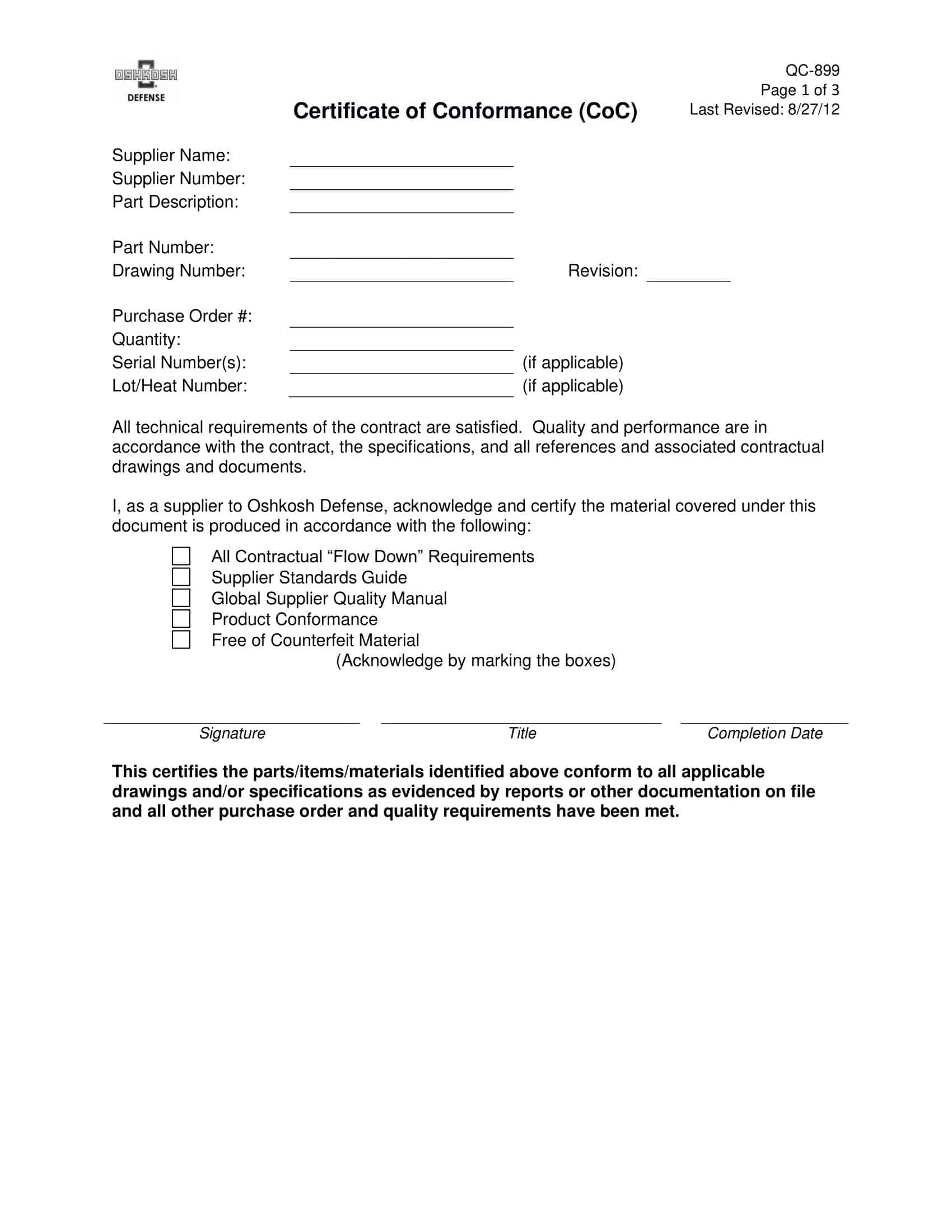 Word Editable Printable Certificate of Conformance Word Editable Printable Certificate of Conformance