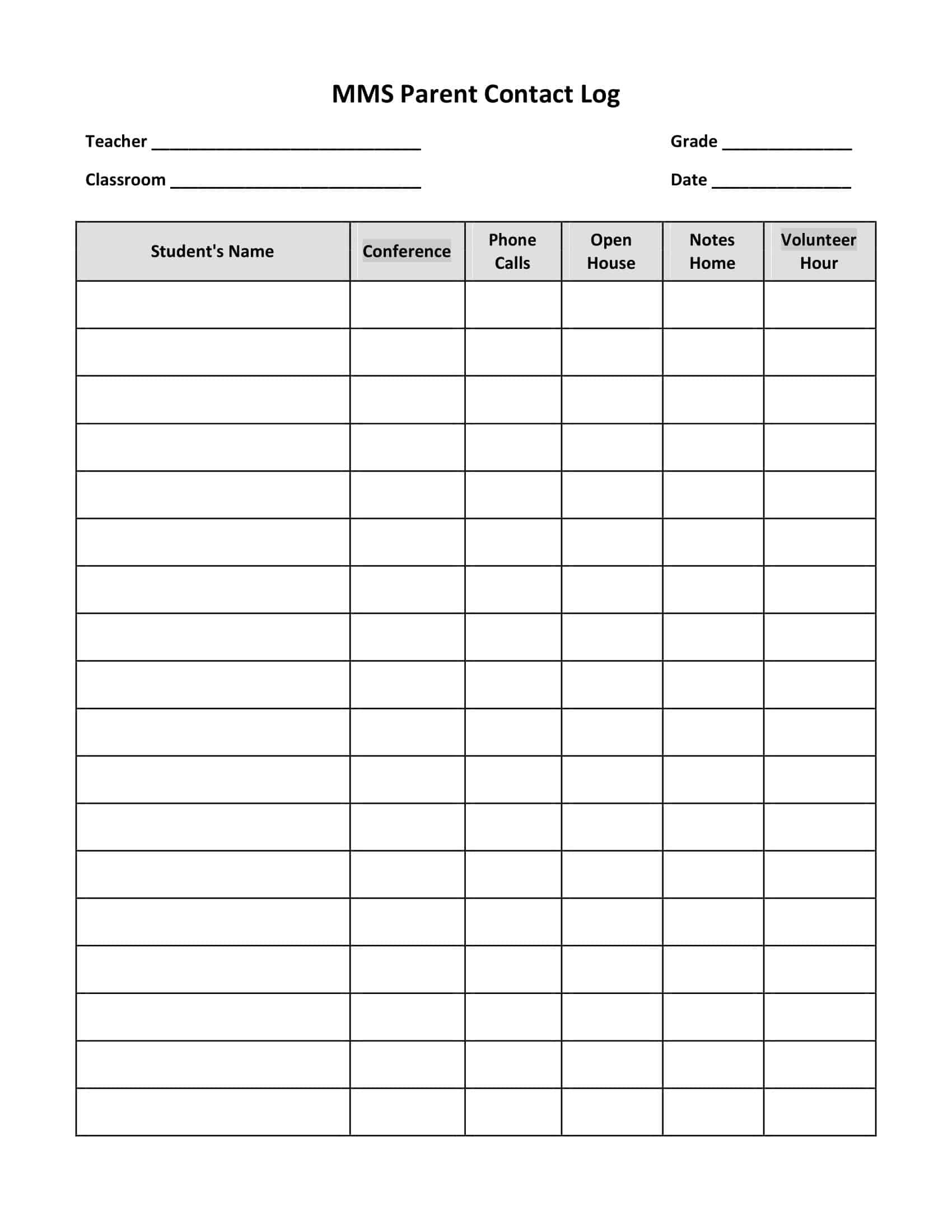 Word Template for Parent Contact Log Word Template for Parent Contact Log