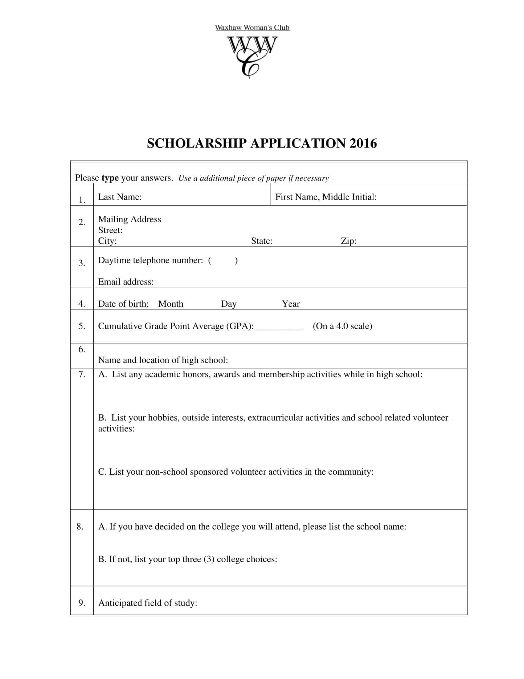 Free Printable Scholarship Application Templates PDF Word 