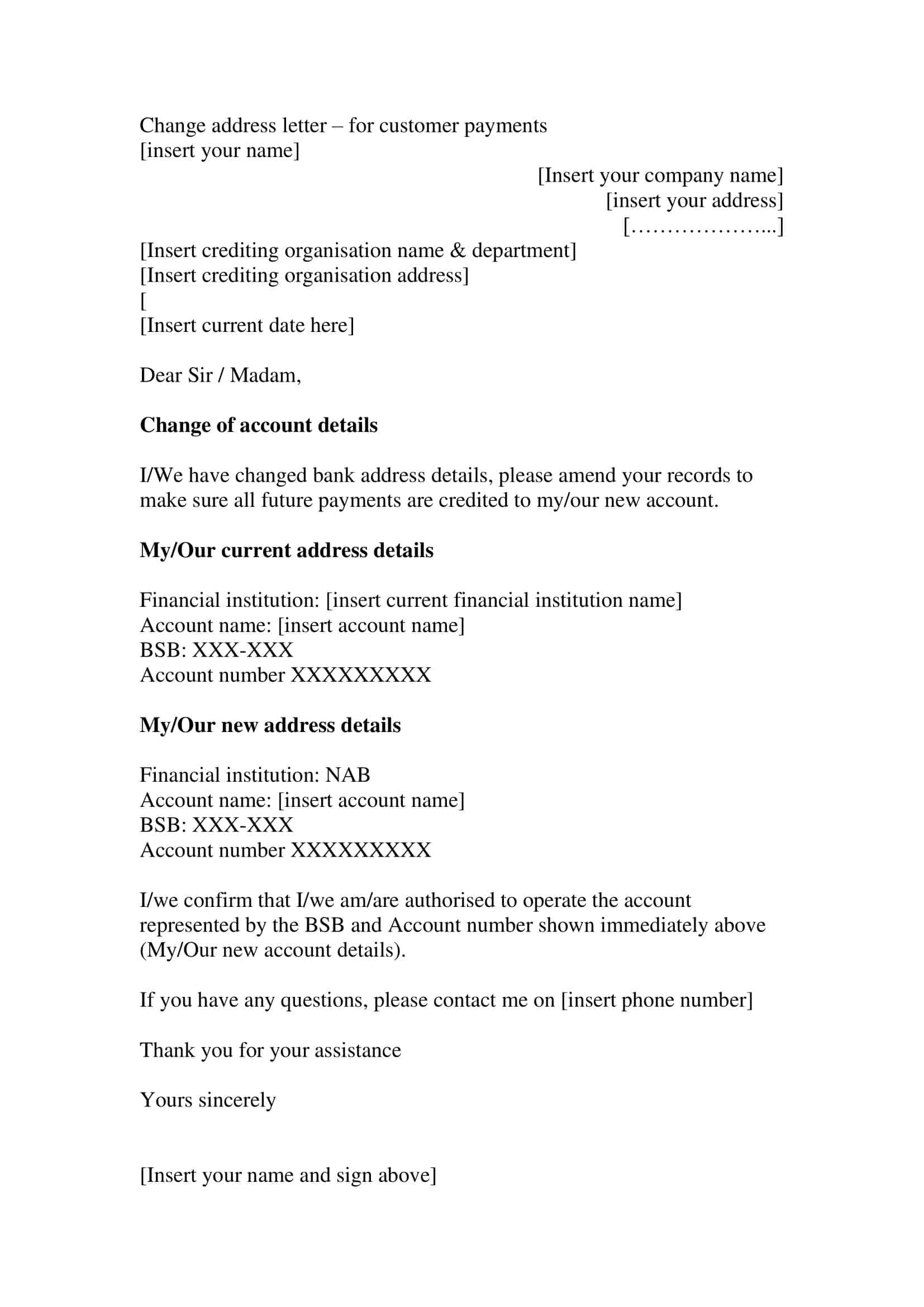 bank change of address letter bank change of address letter