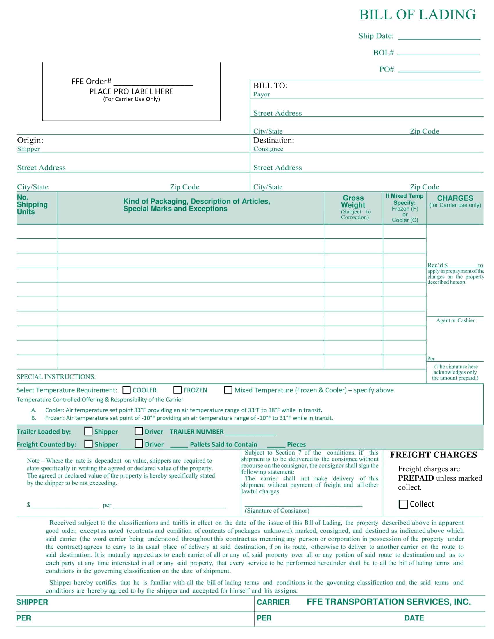 Printable Blank Bill Of Lading Template Printable Blank Bill Of Lading Template