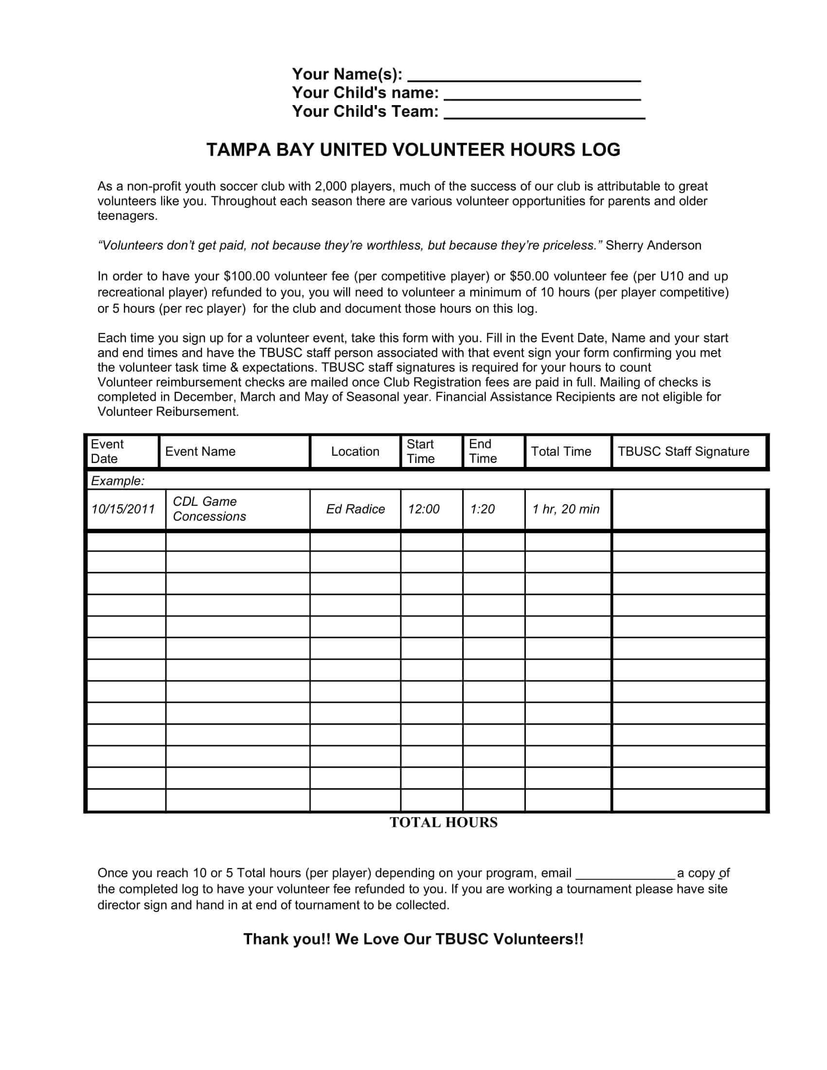 Free Printable Volunteer Hours Log Templates [Excel, PDF] Form Sheet