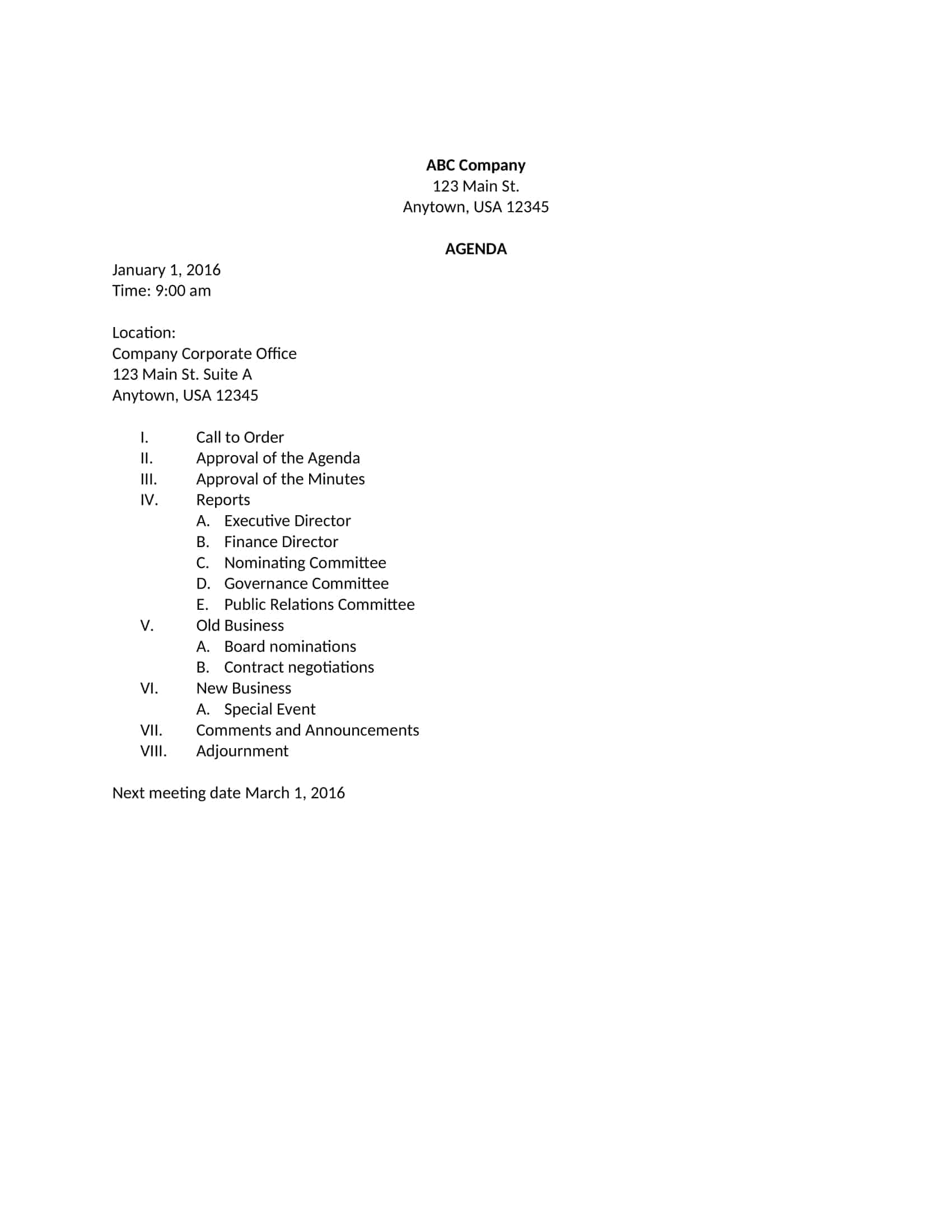 board meeting agenda board meeting agenda