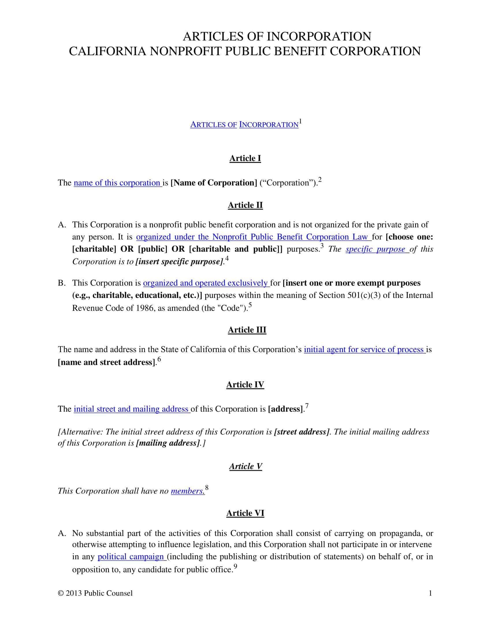ca articles of incorporation ca articles of incorporation